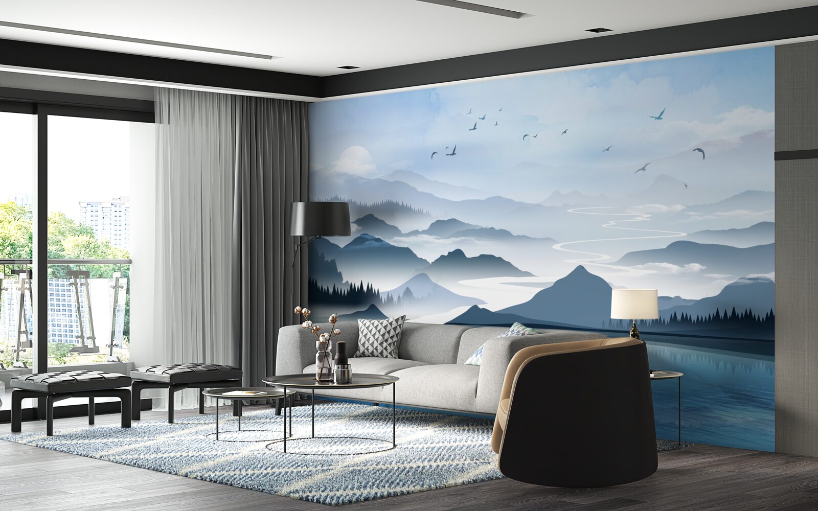 Fototapet pescuit singur în zori pe un lac