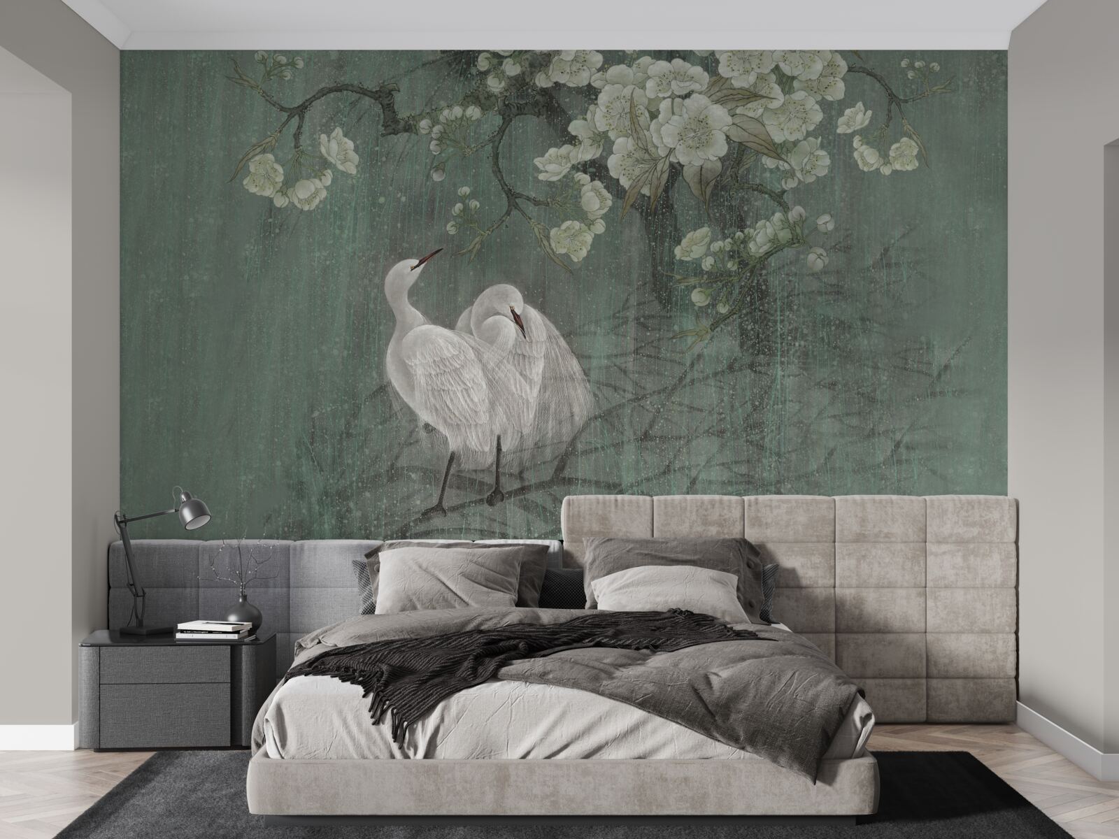 Fototapet lebedele înoată în plină floare sub copac