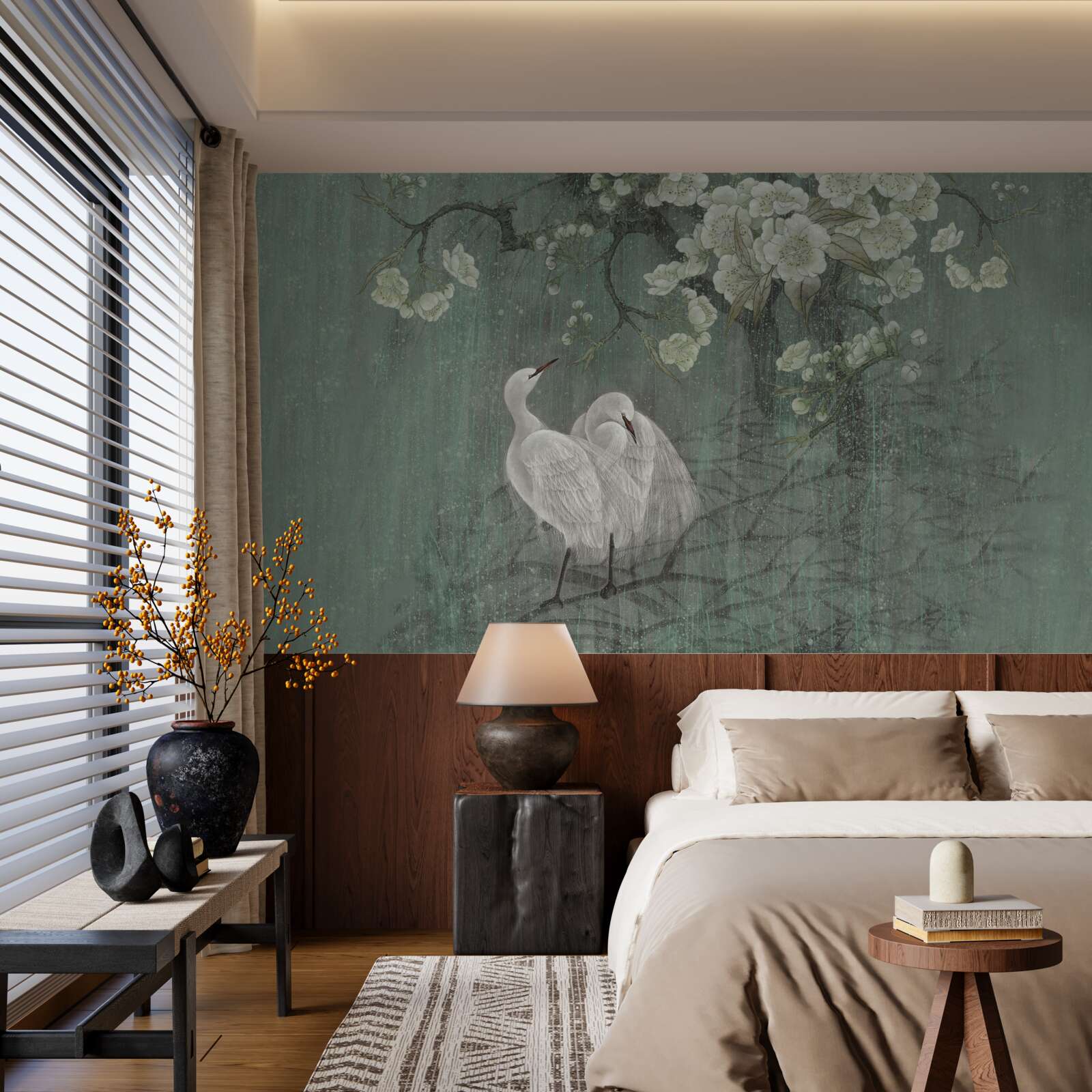 Fototapet lebedele înoată în plină floare sub copac