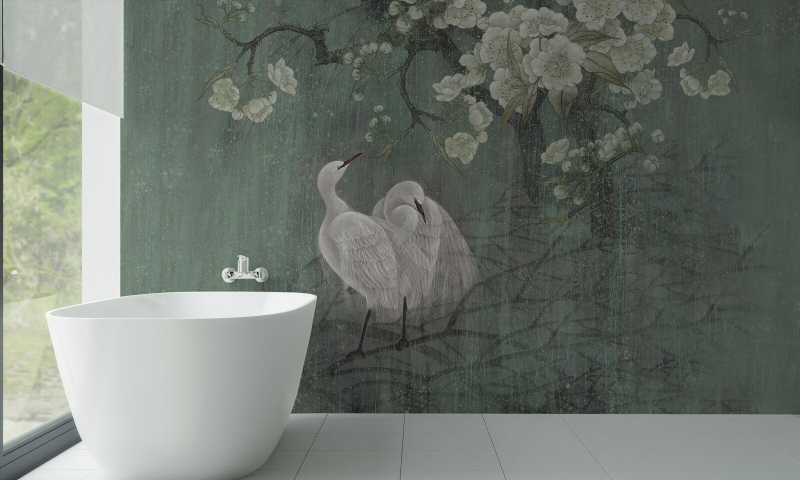 Fototapet lebedele înoată în plină floare sub copac