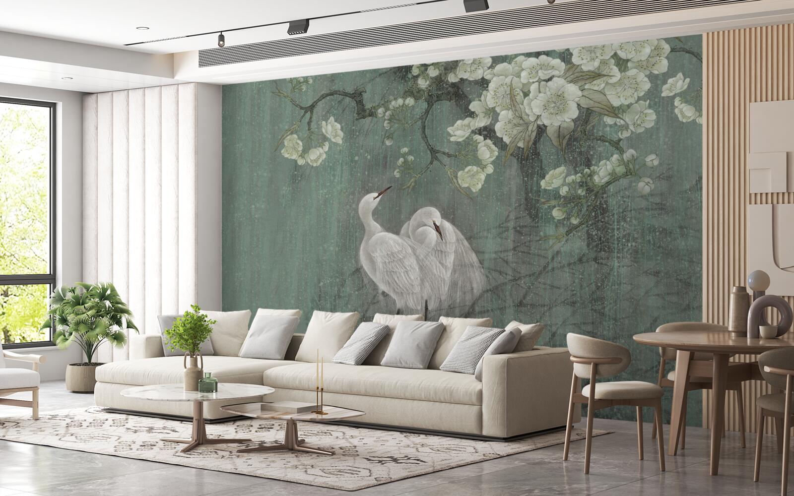 Fototapet lebedele înoată în plină floare sub copac