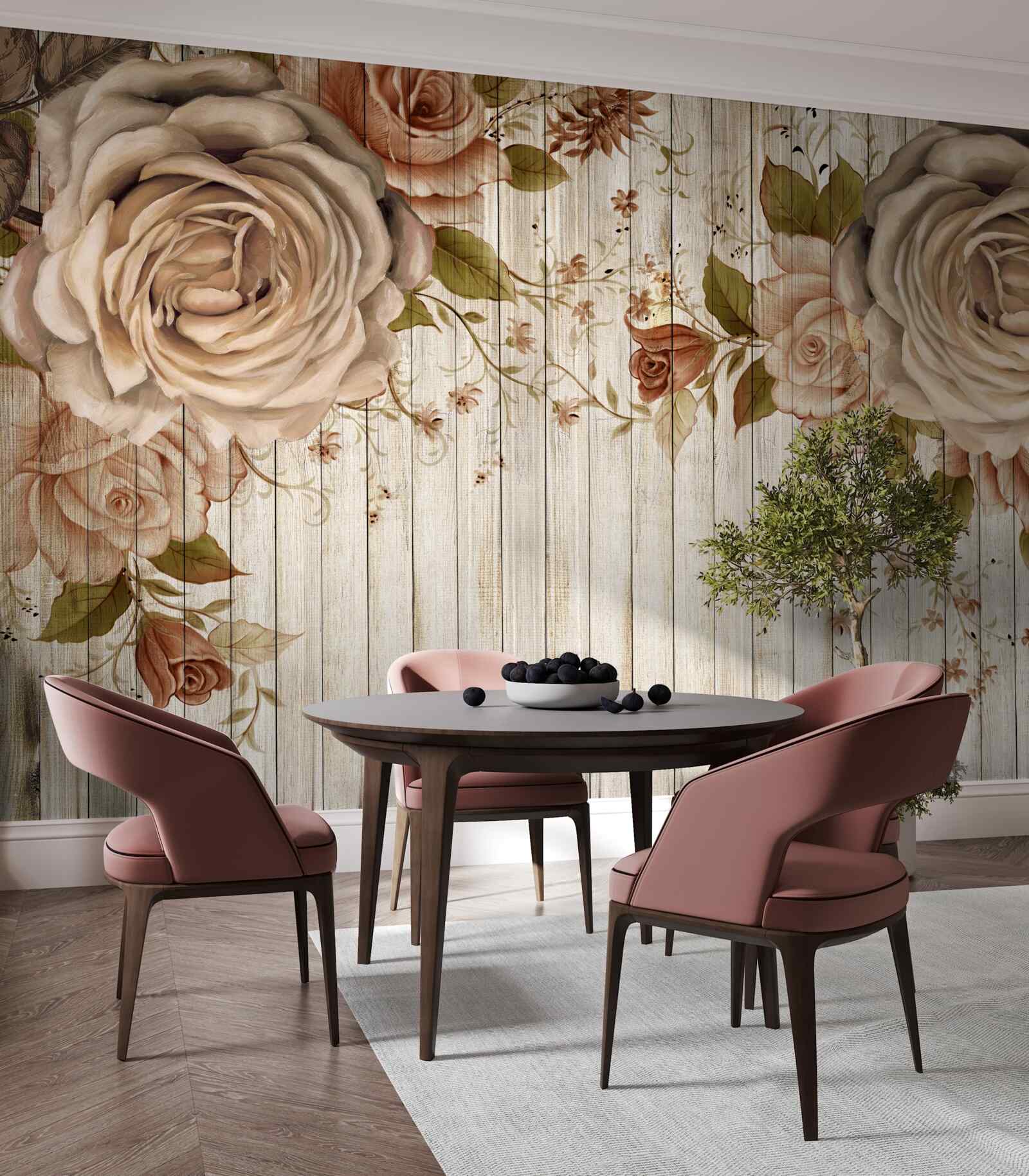 Fototapet Trandafiri proaspeți în nuanțe delicate de crem pe o podea de parchet deschis