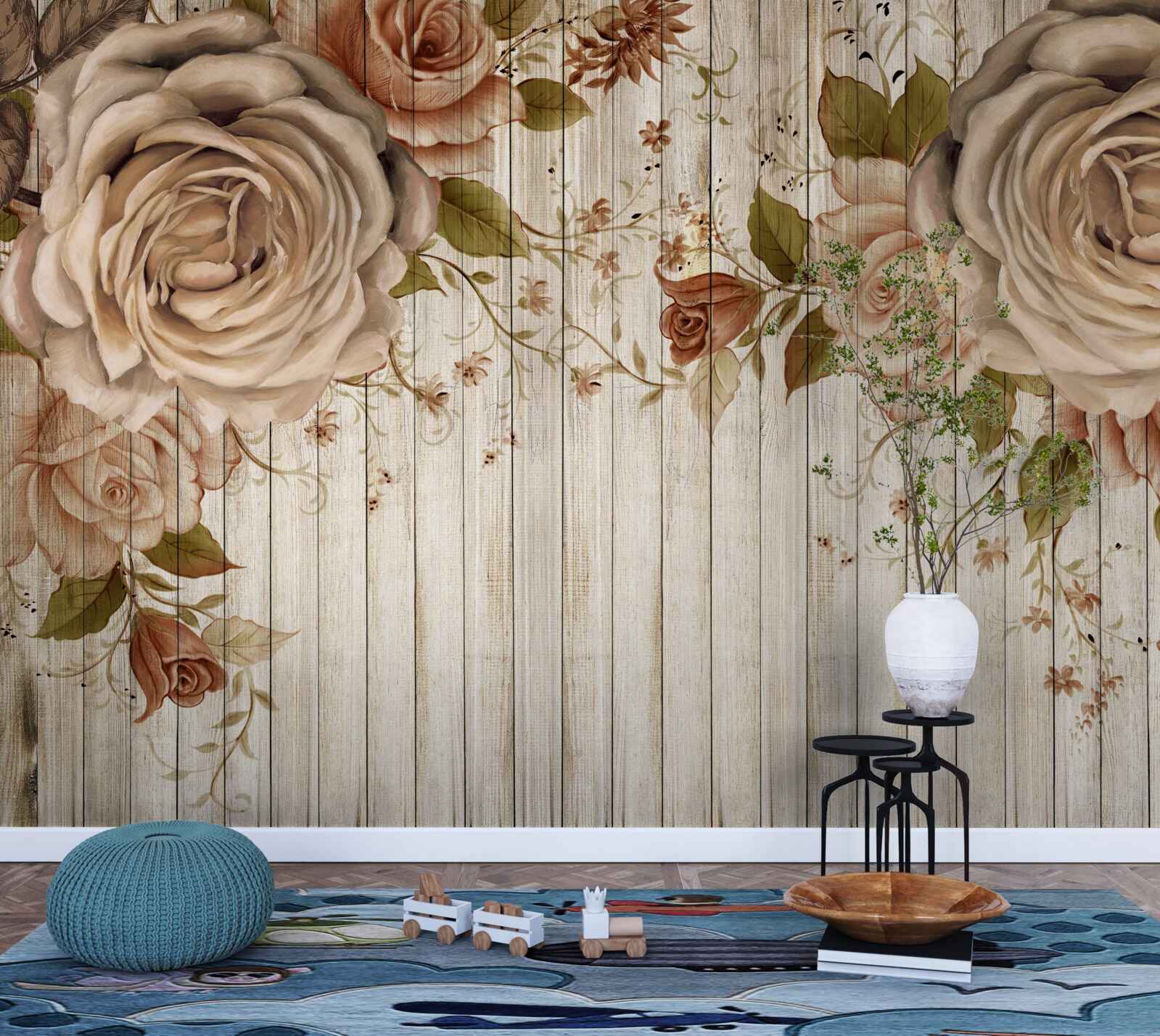 Fototapet Trandafiri proaspeți în nuanțe delicate de crem pe o podea de parchet deschis