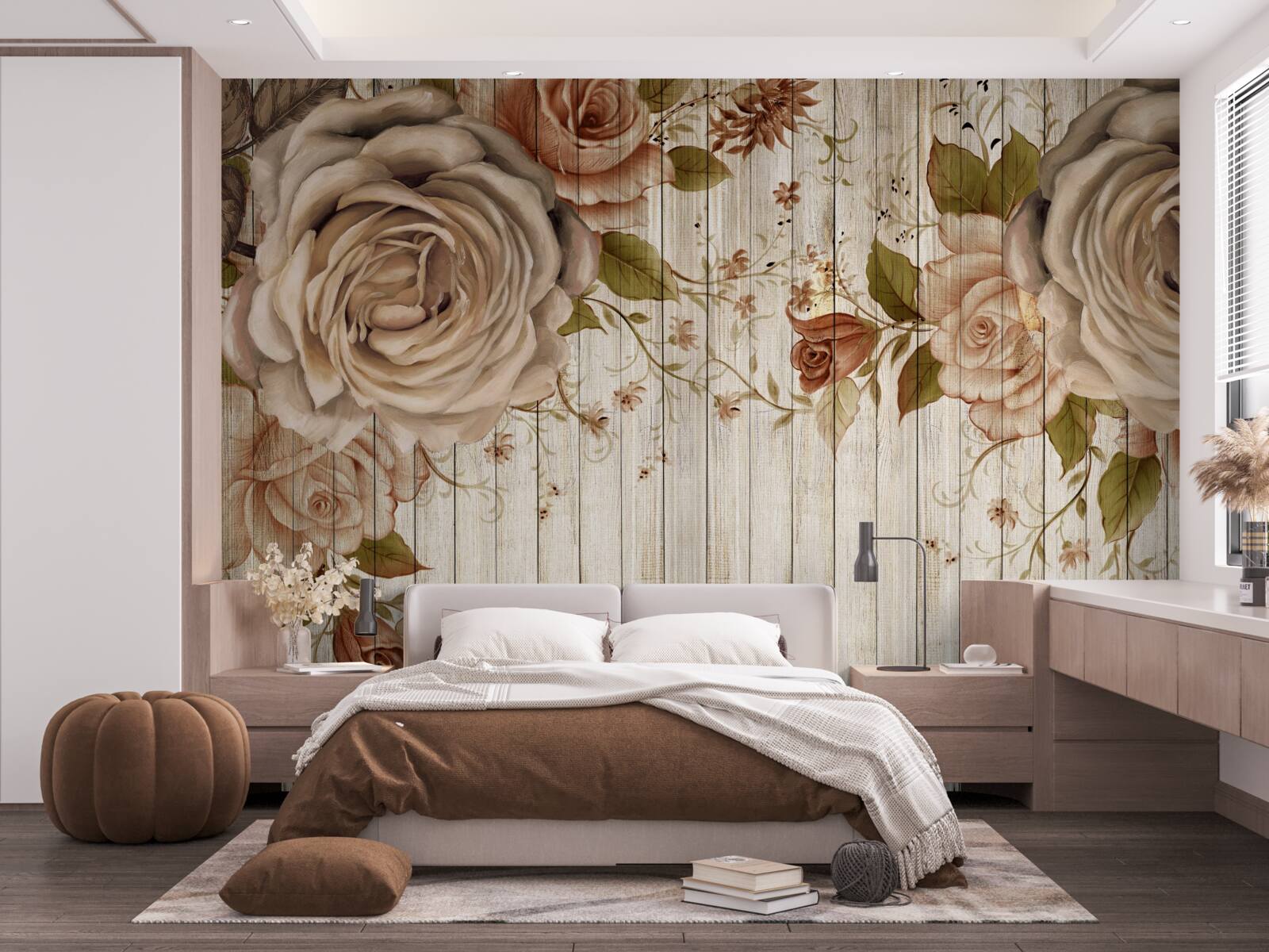 Fototapet Trandafiri proaspeți în nuanțe delicate de crem pe o podea de parchet deschis