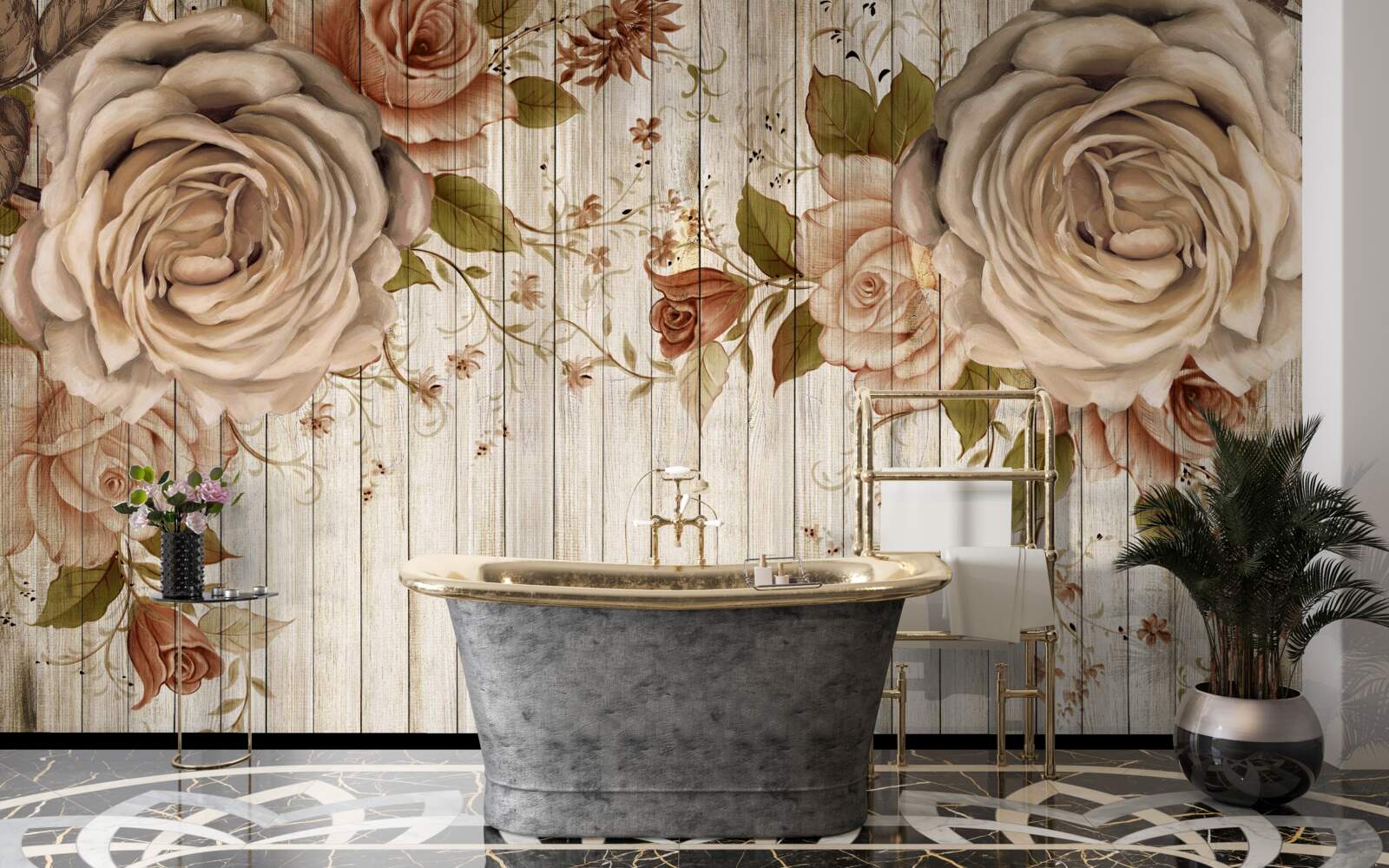 Fototapet Trandafiri proaspeți în nuanțe delicate de crem pe o podea de parchet deschis