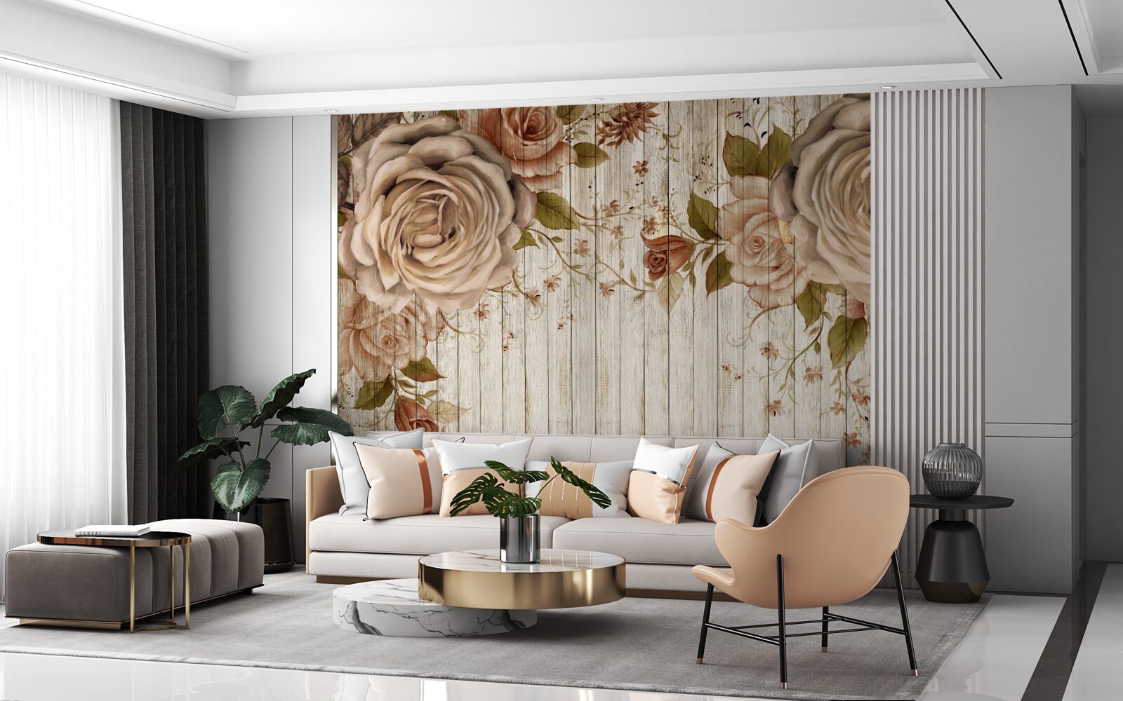 Fototapet Trandafiri proaspeți în nuanțe delicate de crem pe o podea de parchet deschis