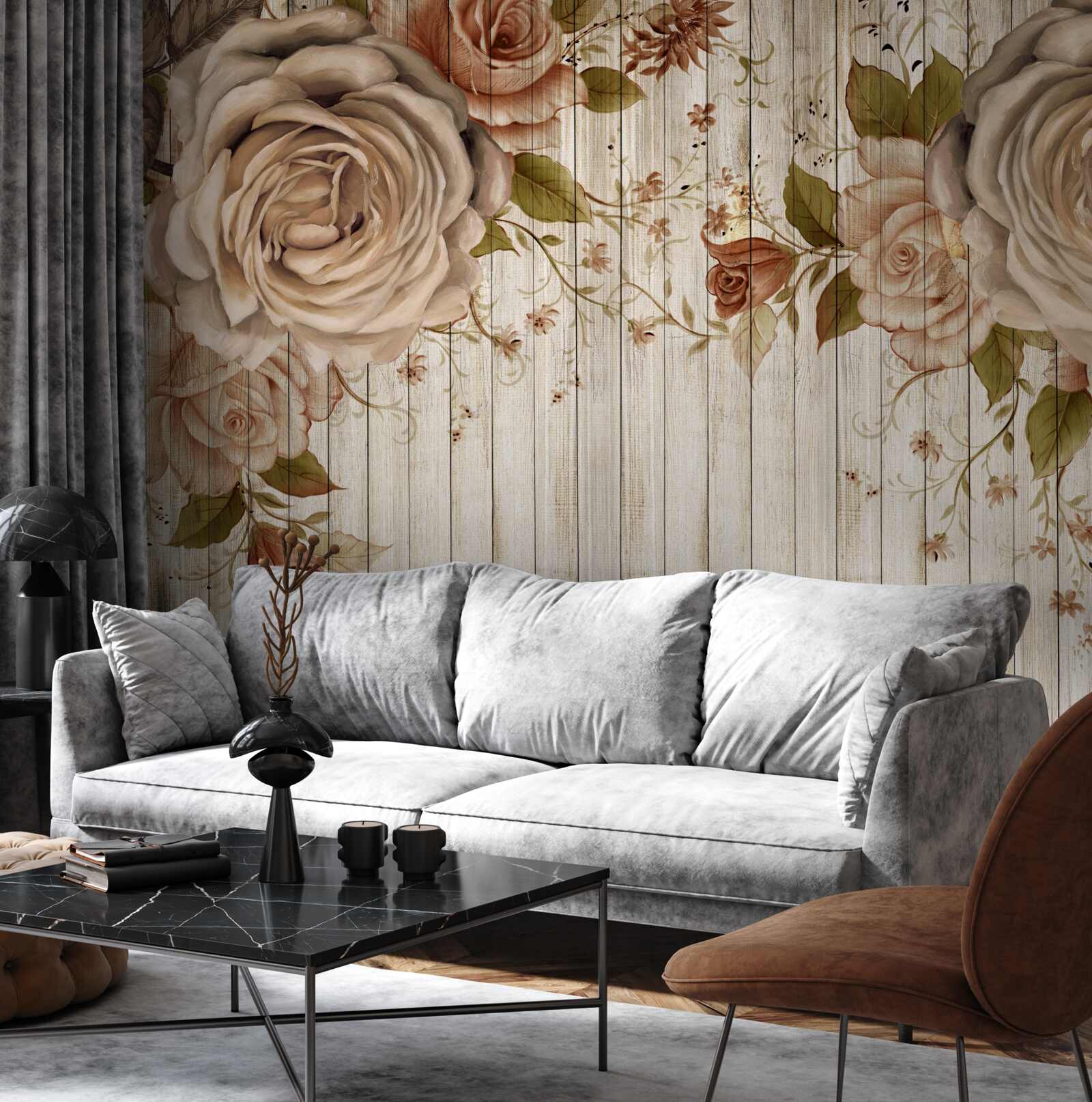 Fototapet Trandafiri proaspeți în nuanțe delicate de crem pe o podea de parchet deschis