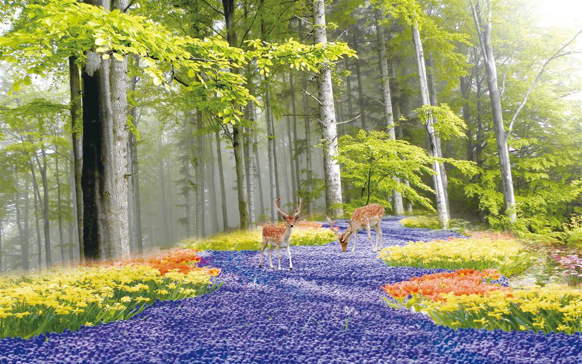 Fototapet căprioara se plimbă printr-o pădure verde