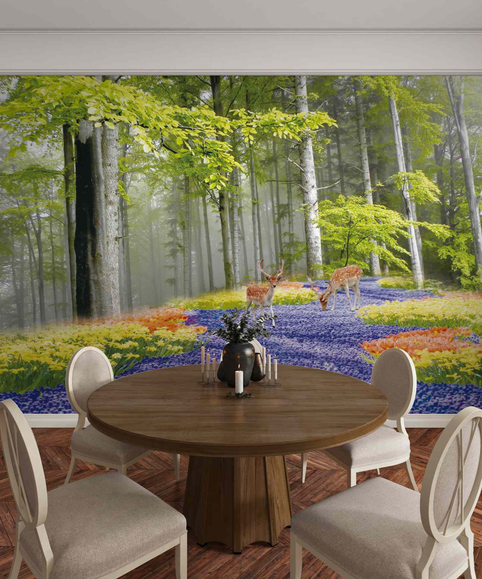 Fototapet căprioara se plimbă printr-o pădure verde