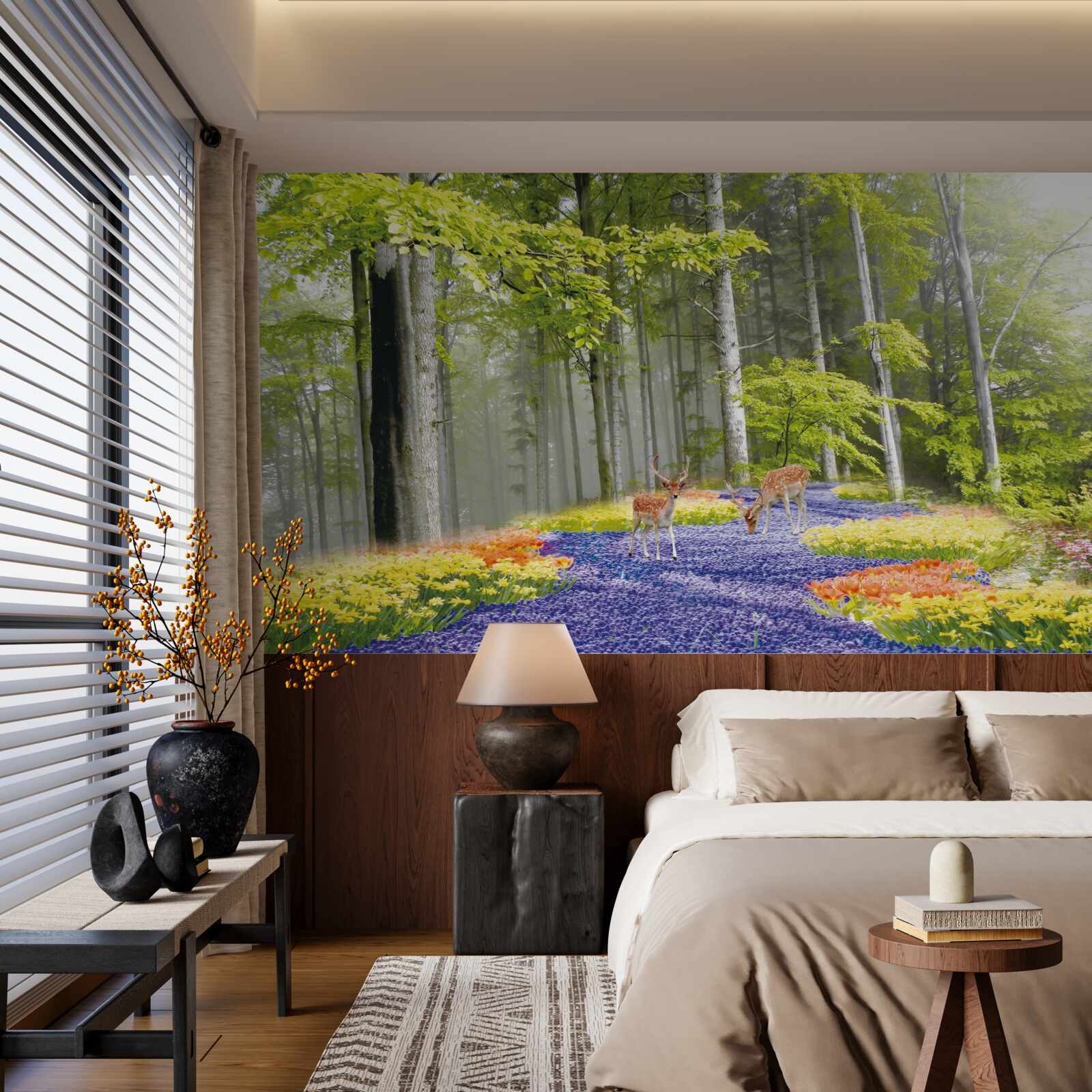 Fototapet căprioara se plimbă printr-o pădure verde