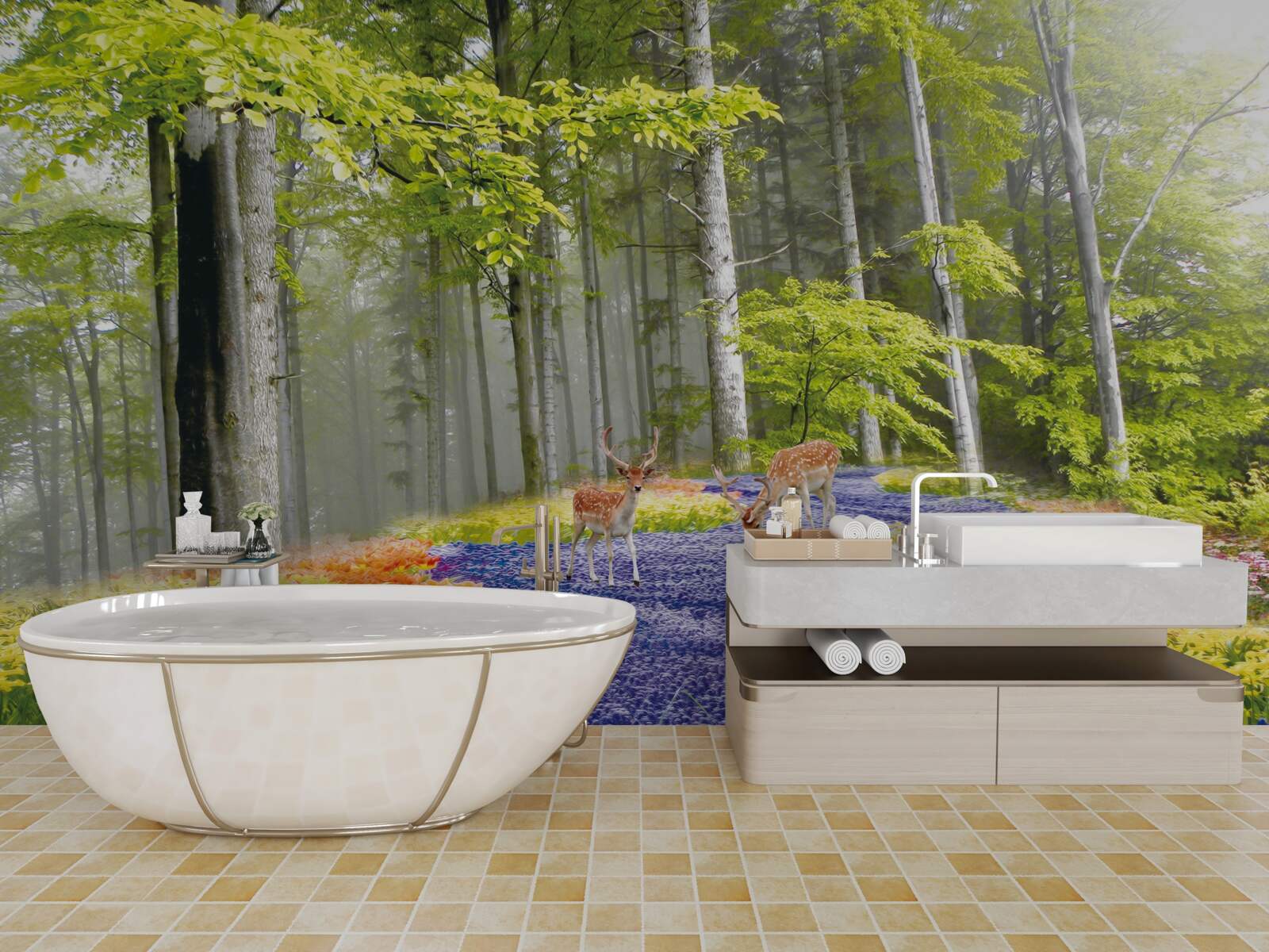 Fototapet căprioara se plimbă printr-o pădure verde