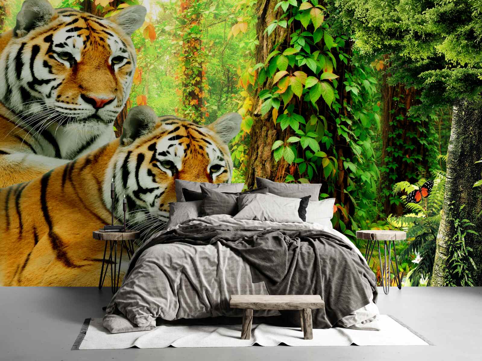 Fototapet o familie de tigri într-un tufiș verde de pădure