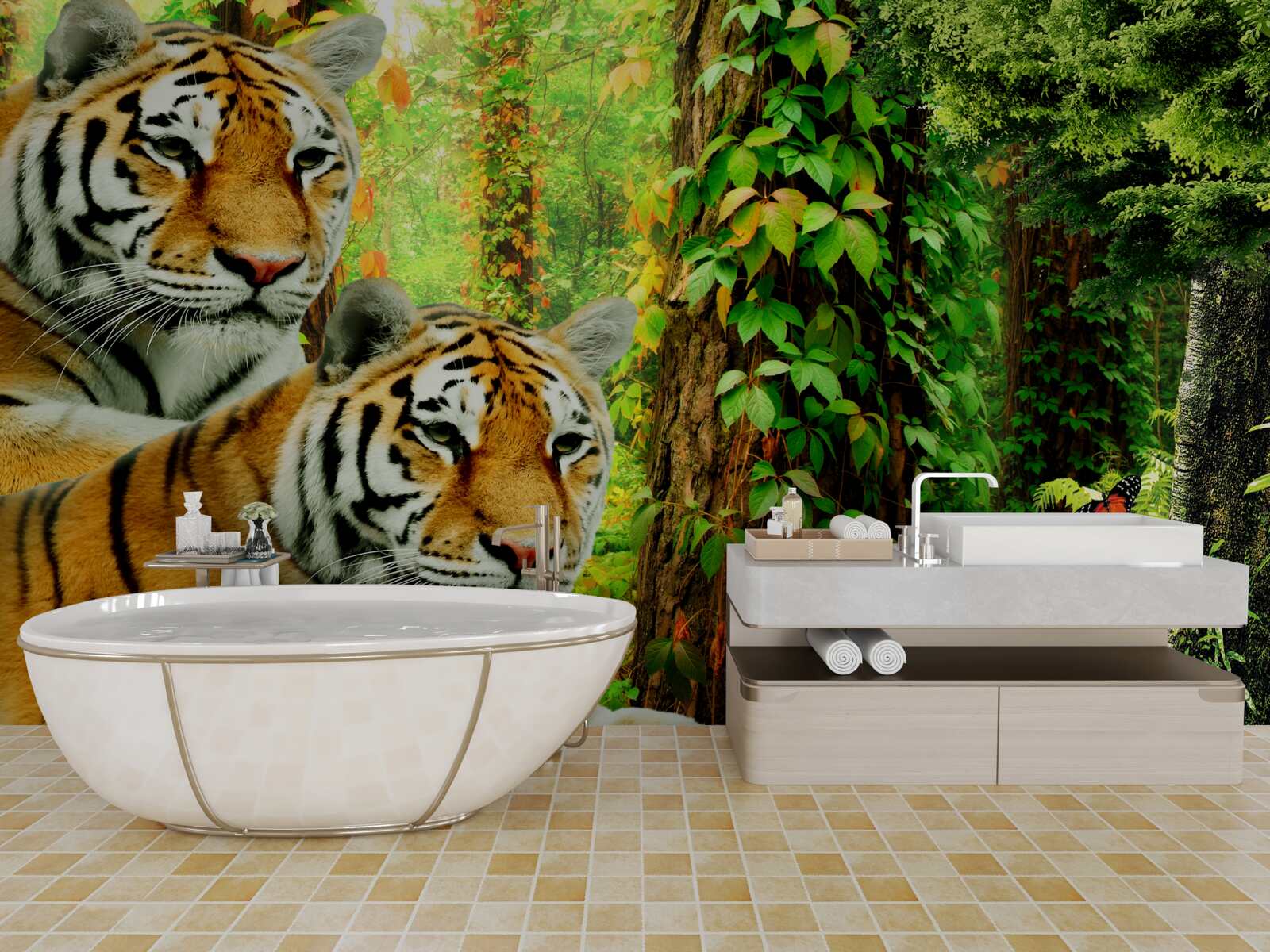 Fototapet o familie de tigri într-un tufiș verde de pădure