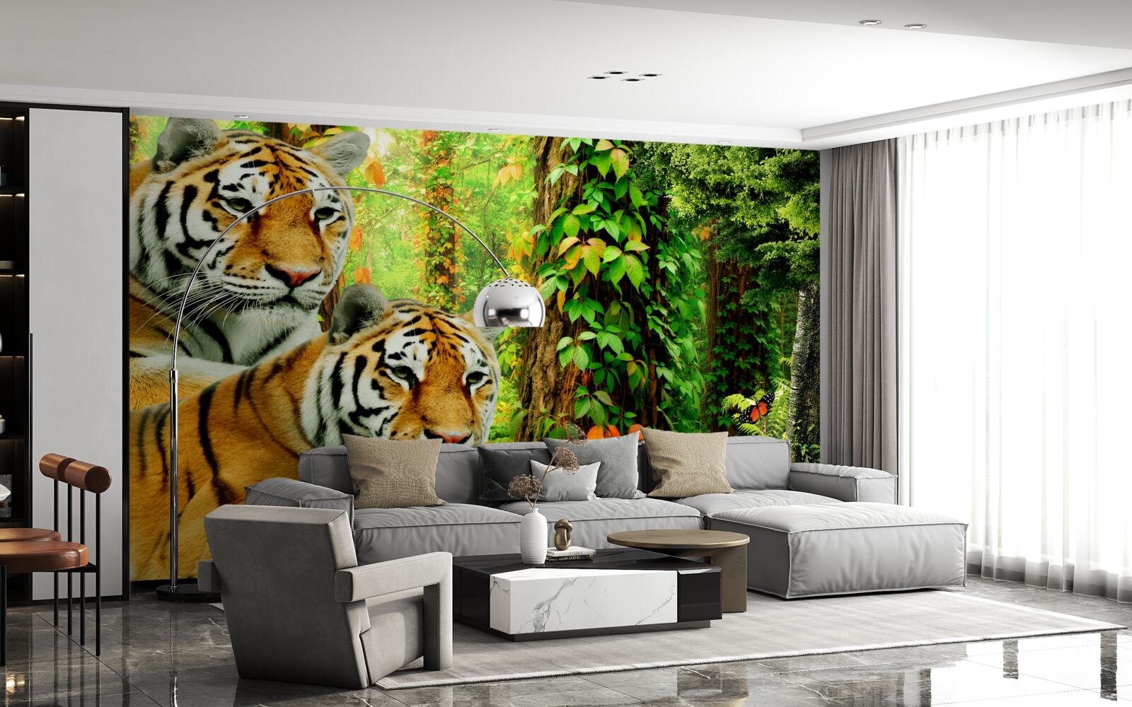 Fototapet o familie de tigri într-un tufiș verde de pădure