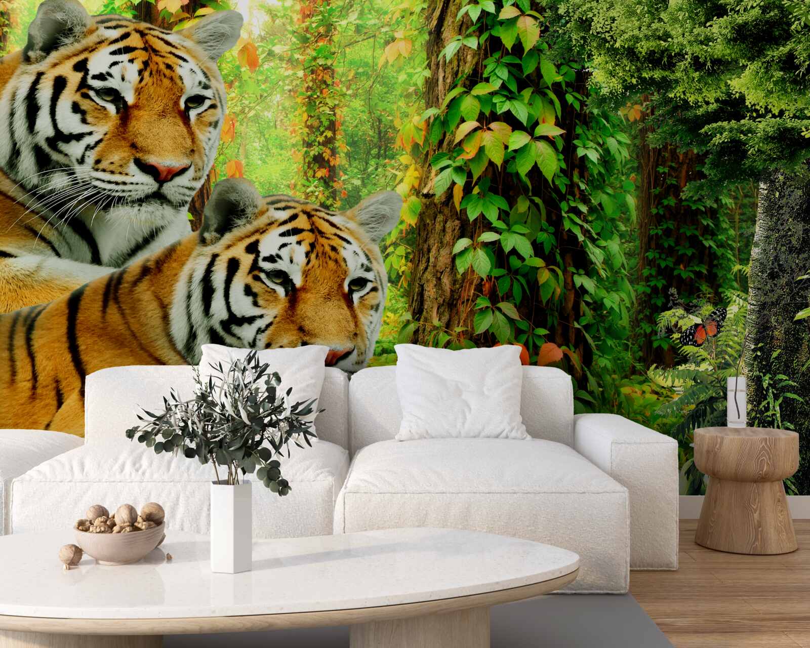 Fototapet o familie de tigri într-un tufiș verde de pădure