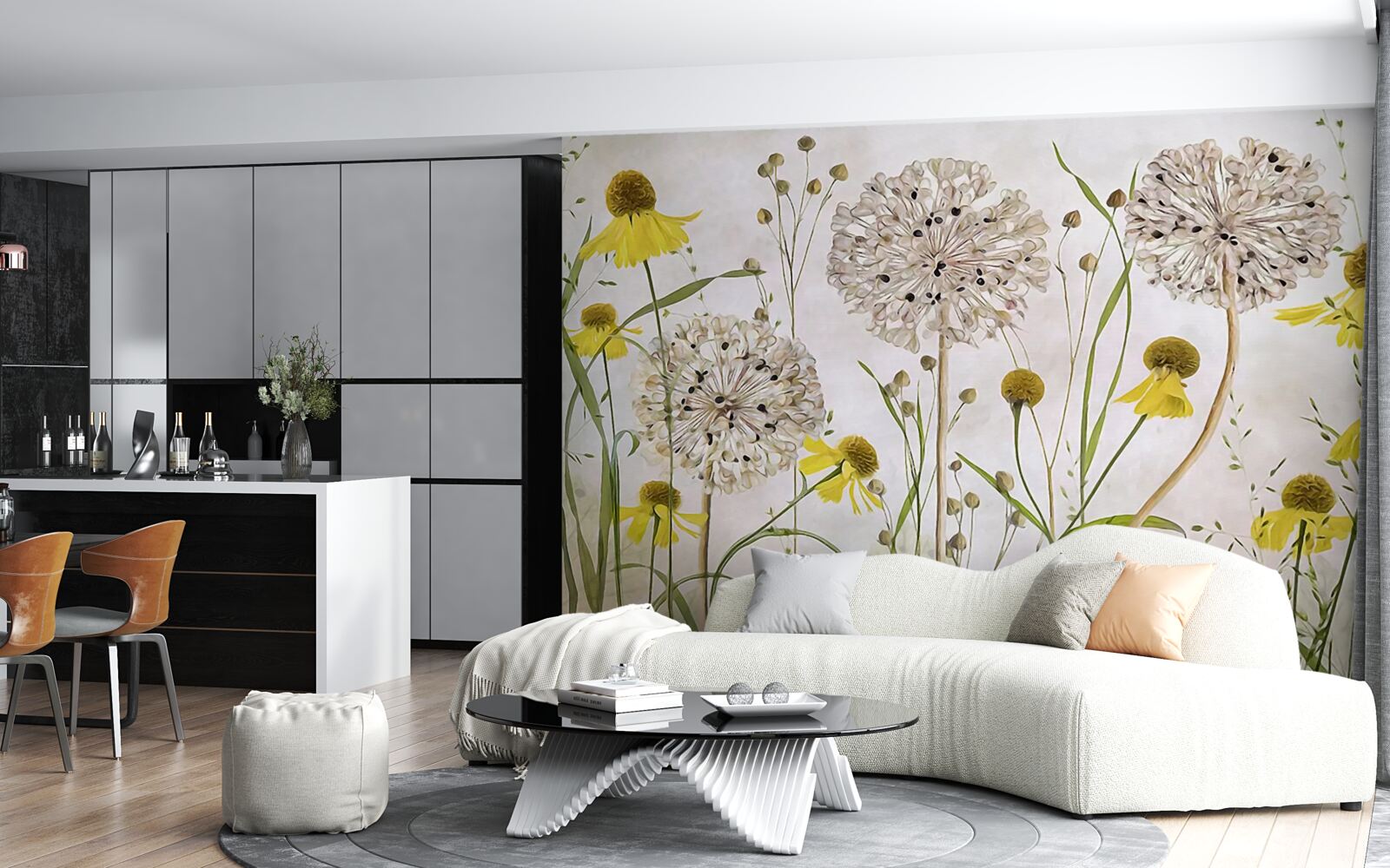 Fototapet flori de păpădie pe pajiște și floră galbenă