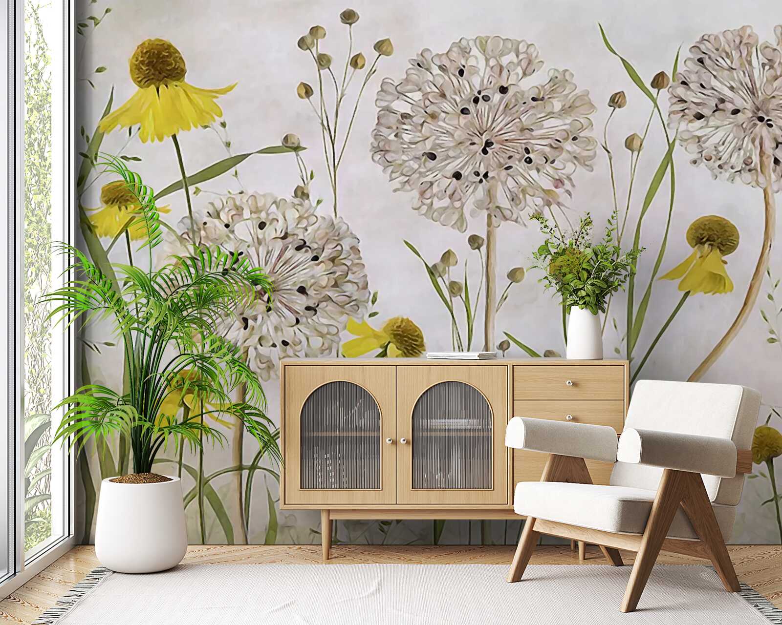 Fototapet flori de păpădie pe pajiște și floră galbenă