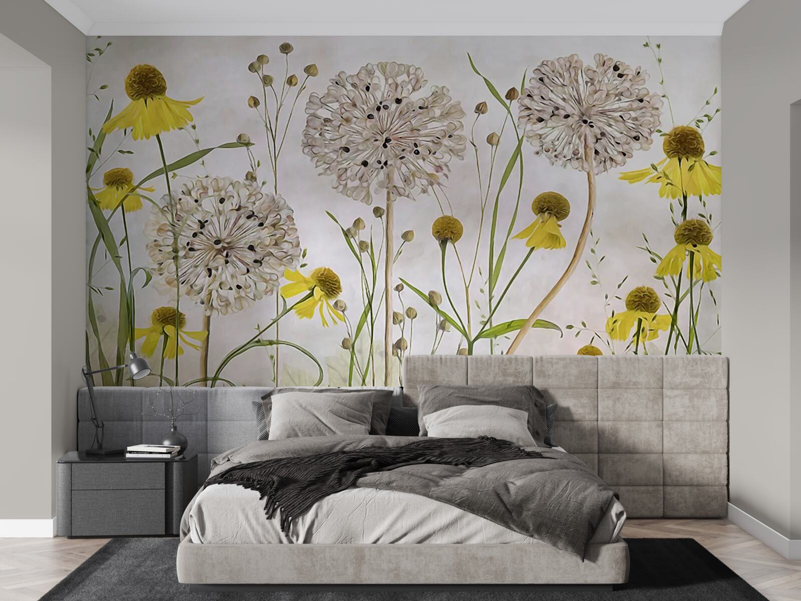 Fototapet flori de păpădie pe pajiște și floră galbenă