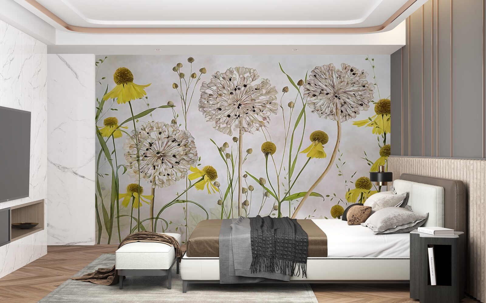 Fototapet flori de păpădie pe pajiște și floră galbenă