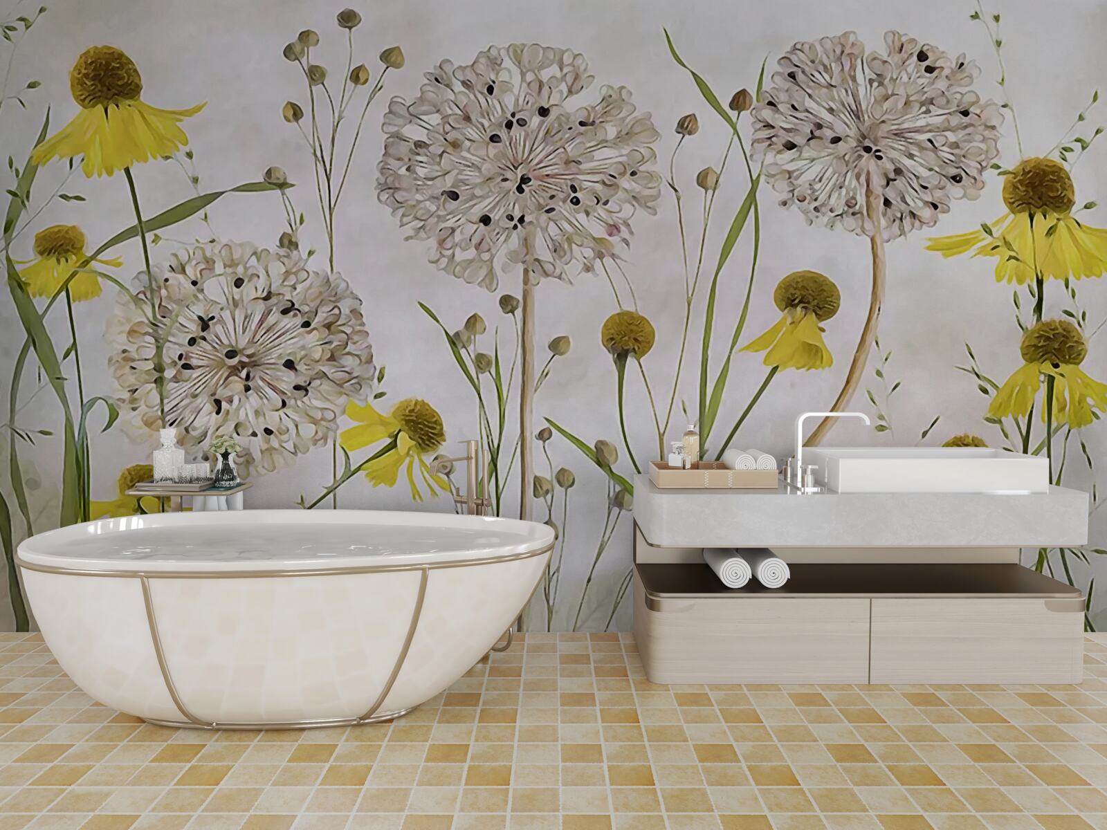 Fototapet flori de păpădie pe pajiște și floră galbenă