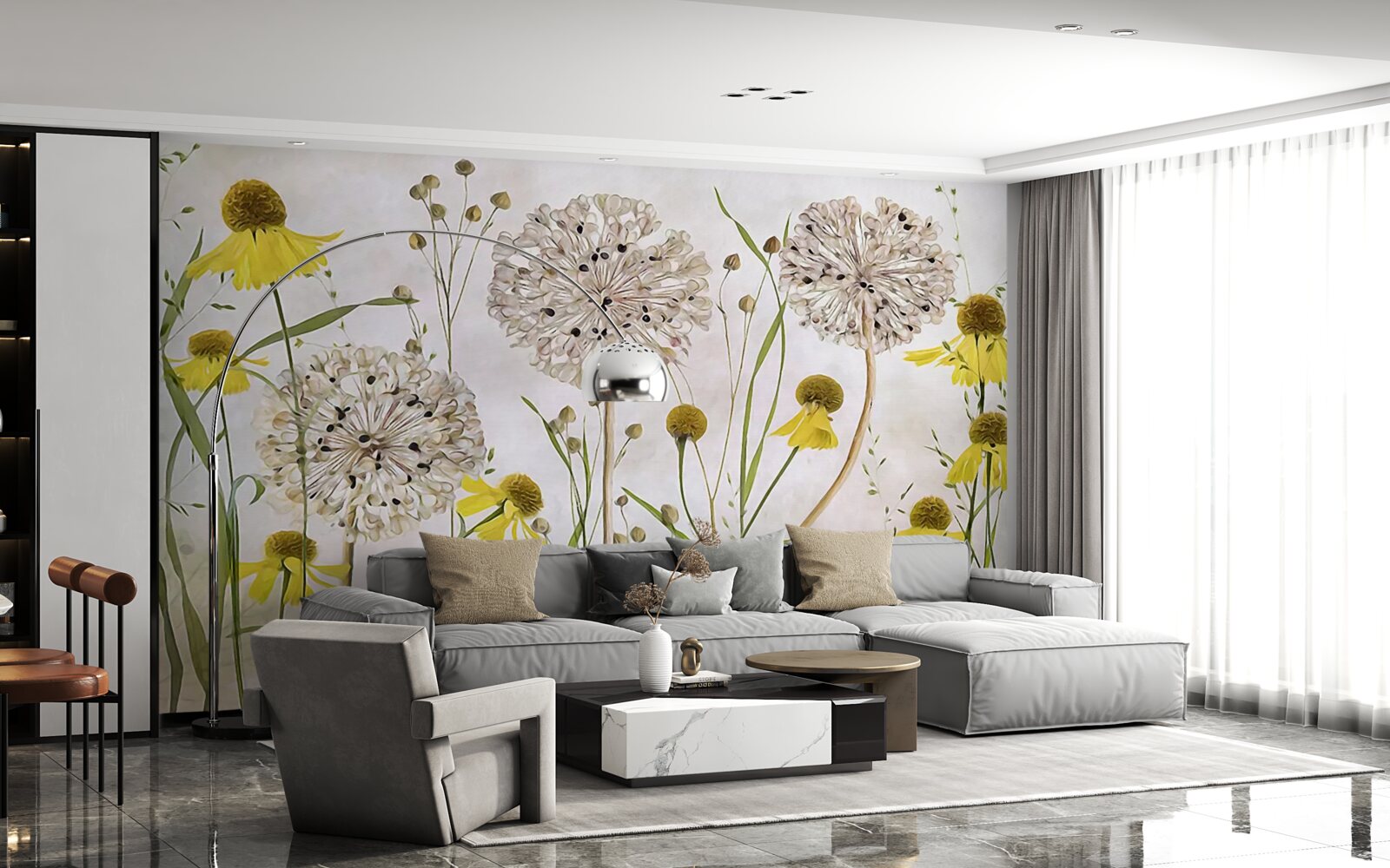 Fototapet flori de păpădie pe pajiște și floră galbenă