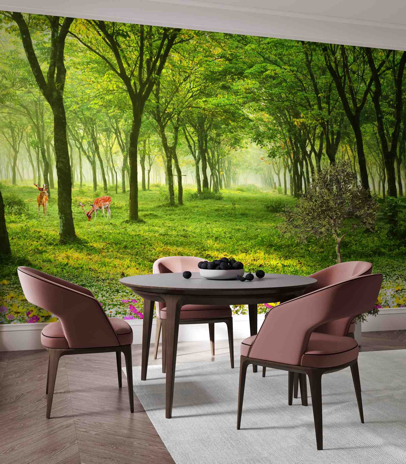 Fototapet Vedere uimitoare a unei păduri cu căprioare pe un fundal verde