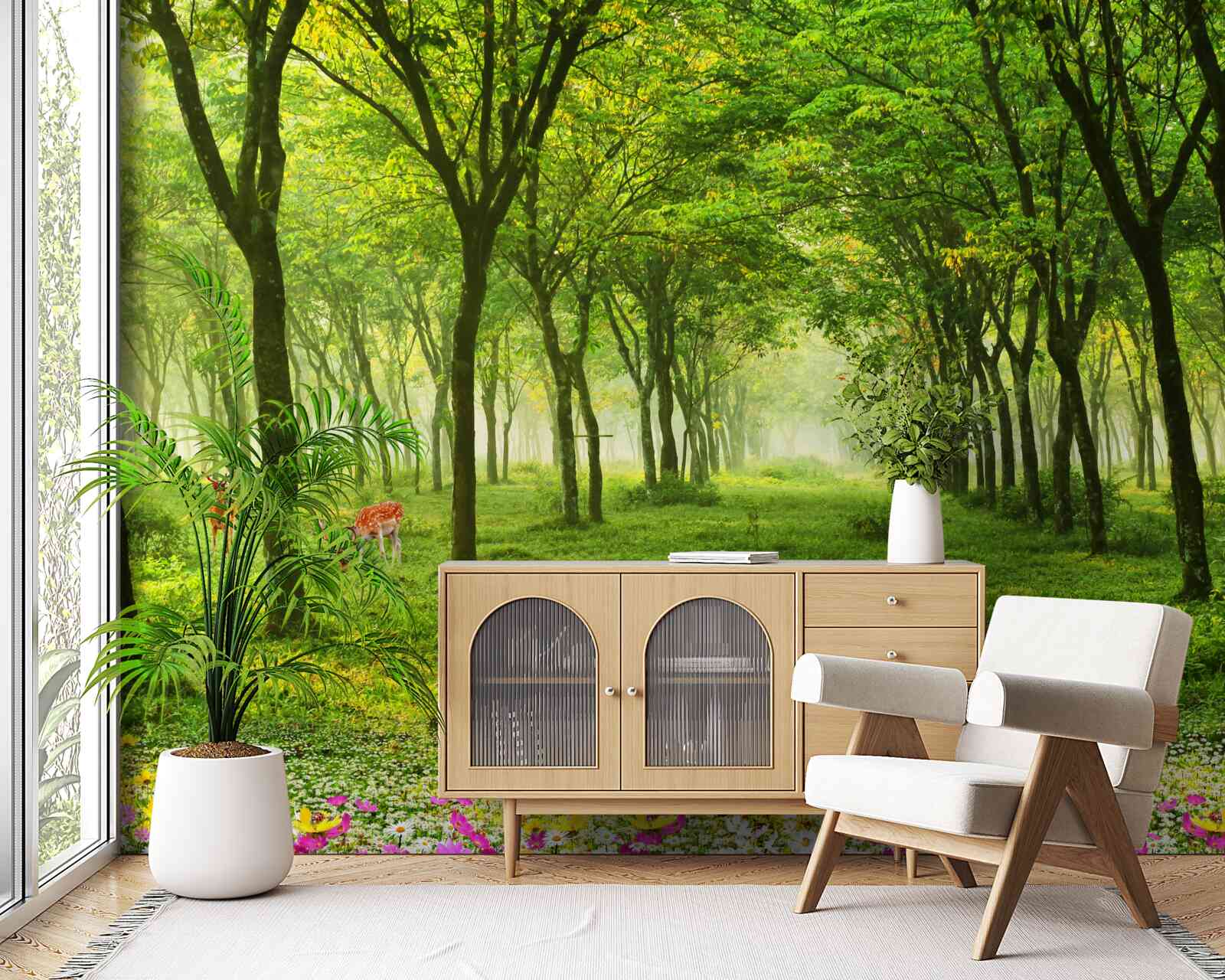 Fototapet Vedere uimitoare a unei păduri cu căprioare pe un fundal verde