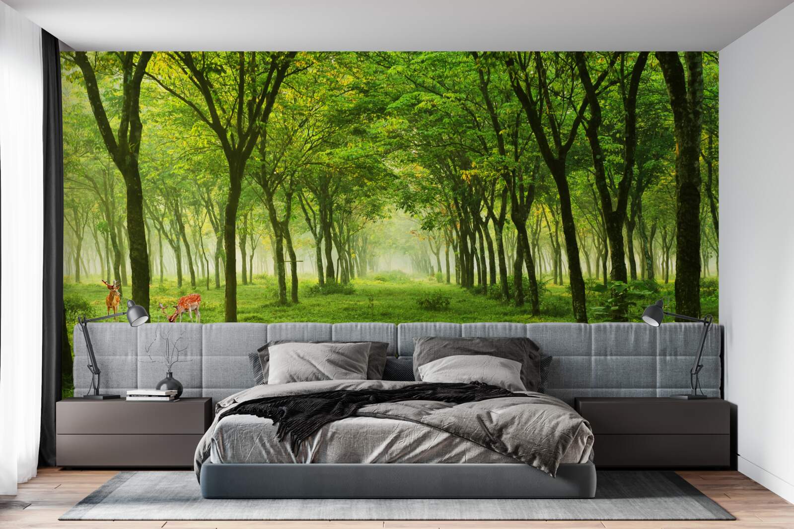 Fototapet Vedere uimitoare a unei păduri cu căprioare pe un fundal verde