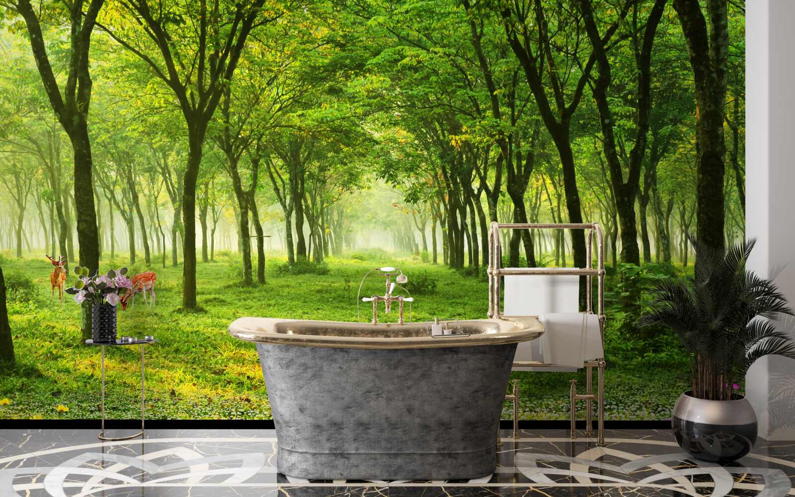 Fototapet Vedere uimitoare a unei păduri cu căprioare pe un fundal verde