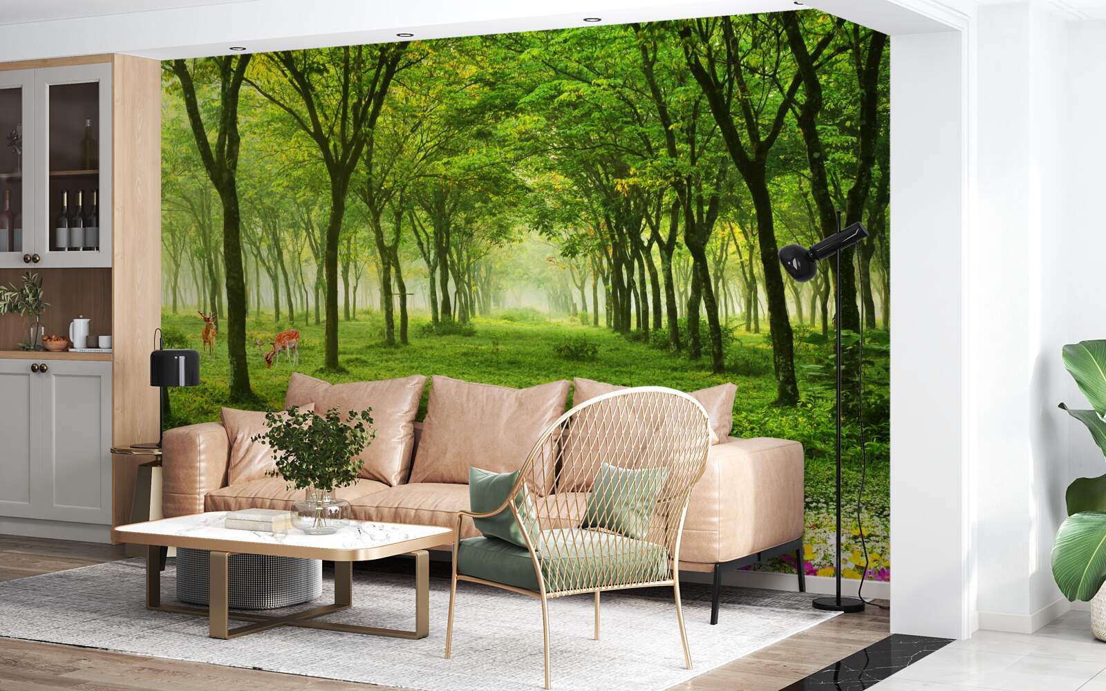 Fototapet Vedere uimitoare a unei păduri cu căprioare pe un fundal verde