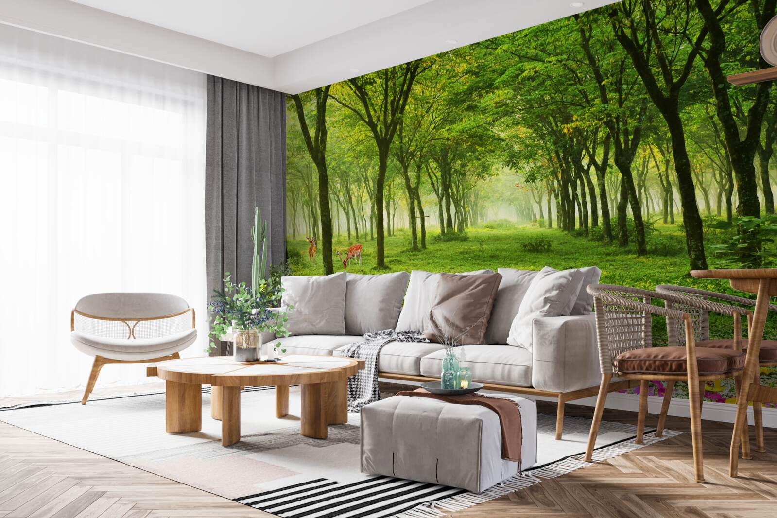 Fototapet Vedere uimitoare a unei păduri cu căprioare pe un fundal verde