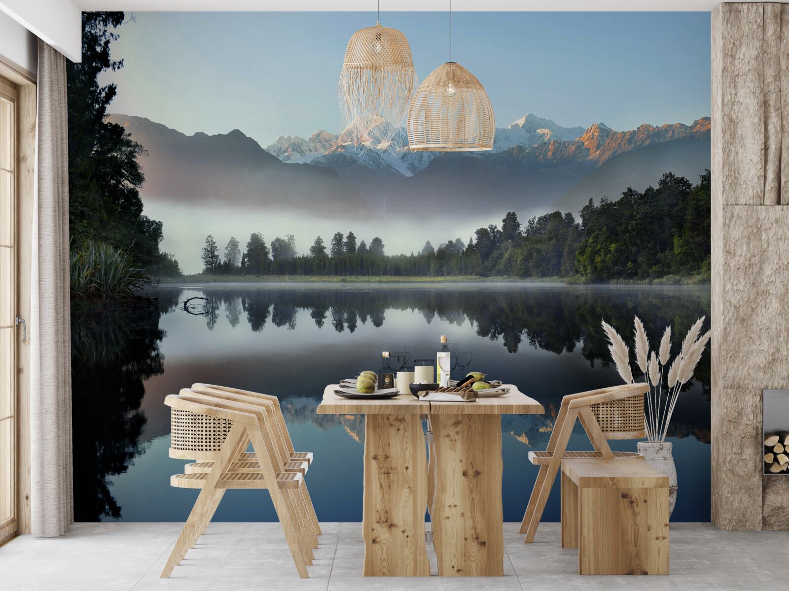 Fototapet vârful unui lac de munte este acoperit de ceață