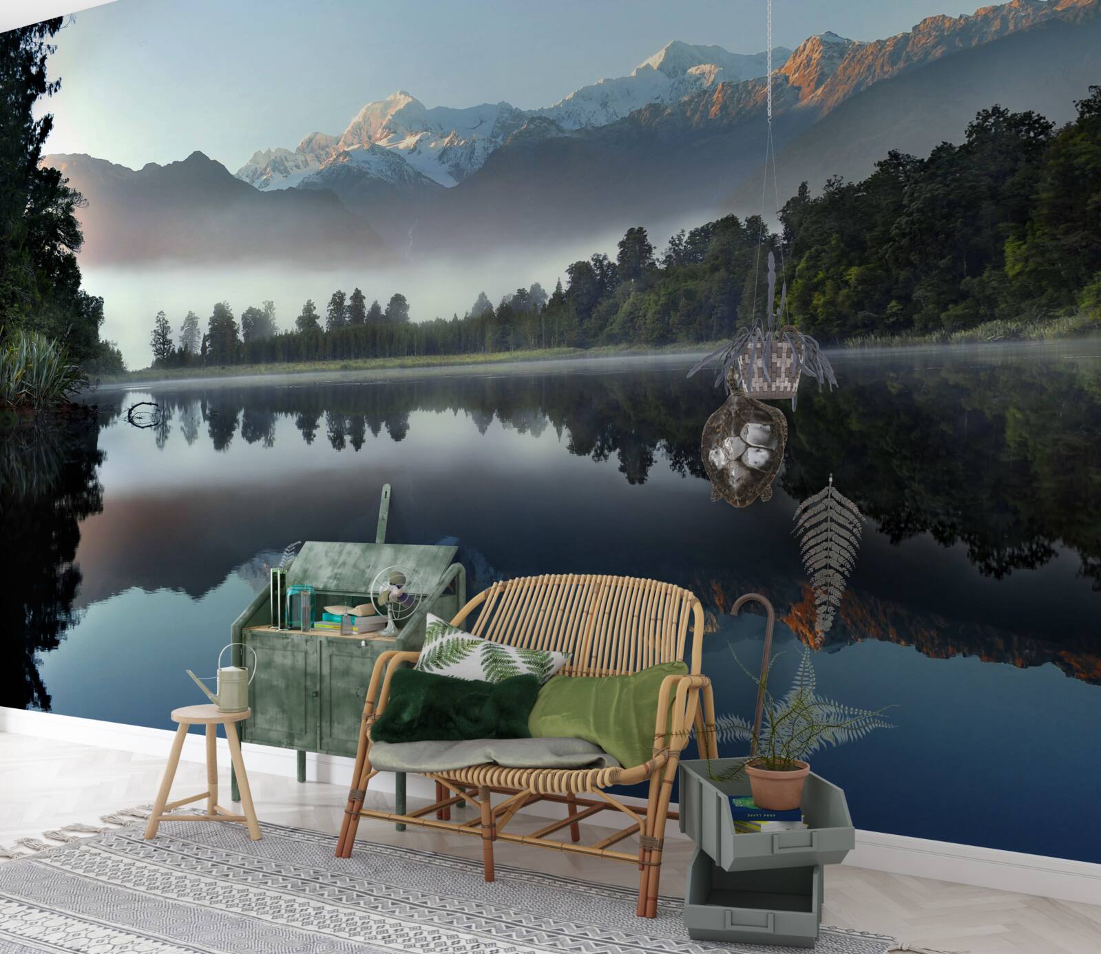 Fototapet vârful unui lac de munte este acoperit de ceață