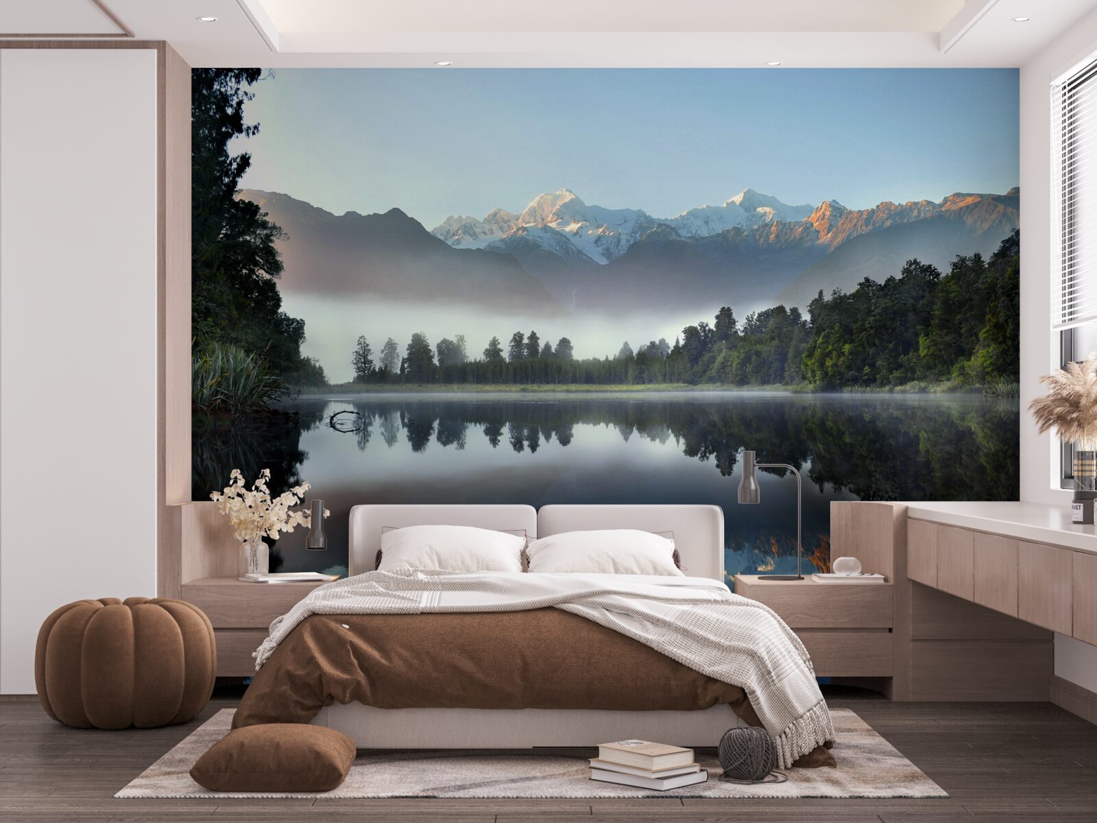 Fototapet vârful unui lac de munte este acoperit de ceață