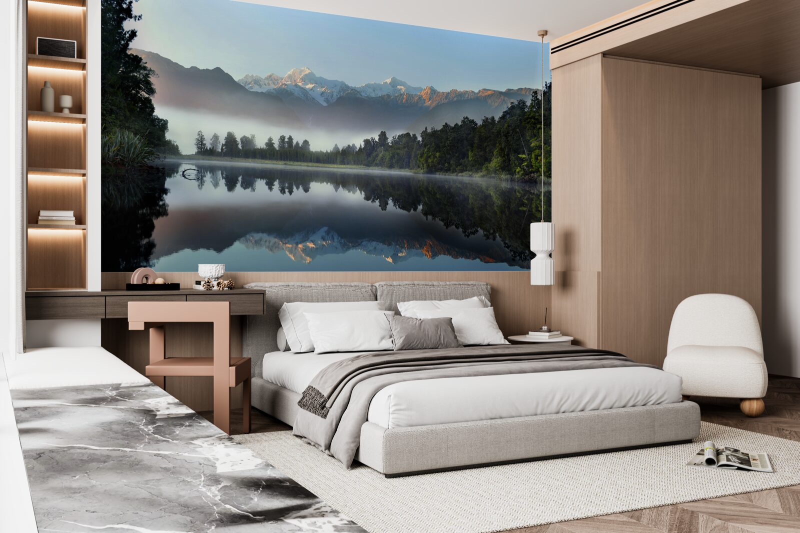 Fototapet vârful unui lac de munte este acoperit de ceață