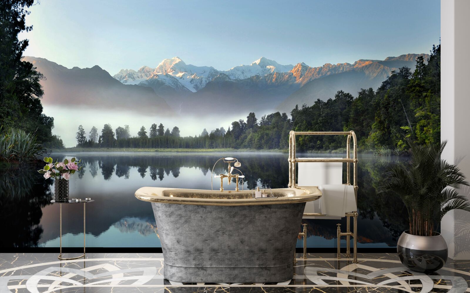 Fototapet vârful unui lac de munte este acoperit de ceață