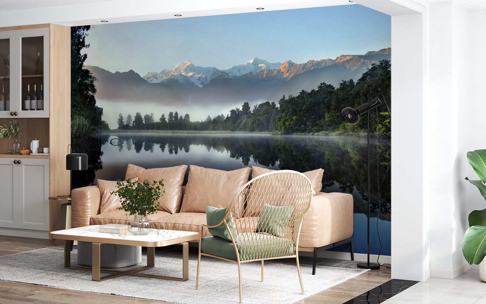 Fototapet vârful unui lac de munte este acoperit de ceață