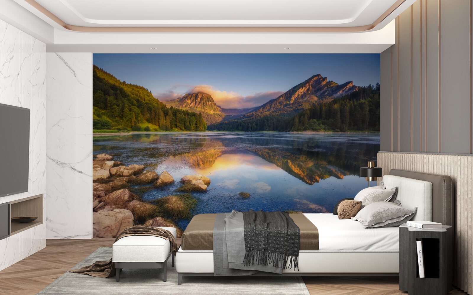 Fototapet apus de soare pe un lac calm de munte