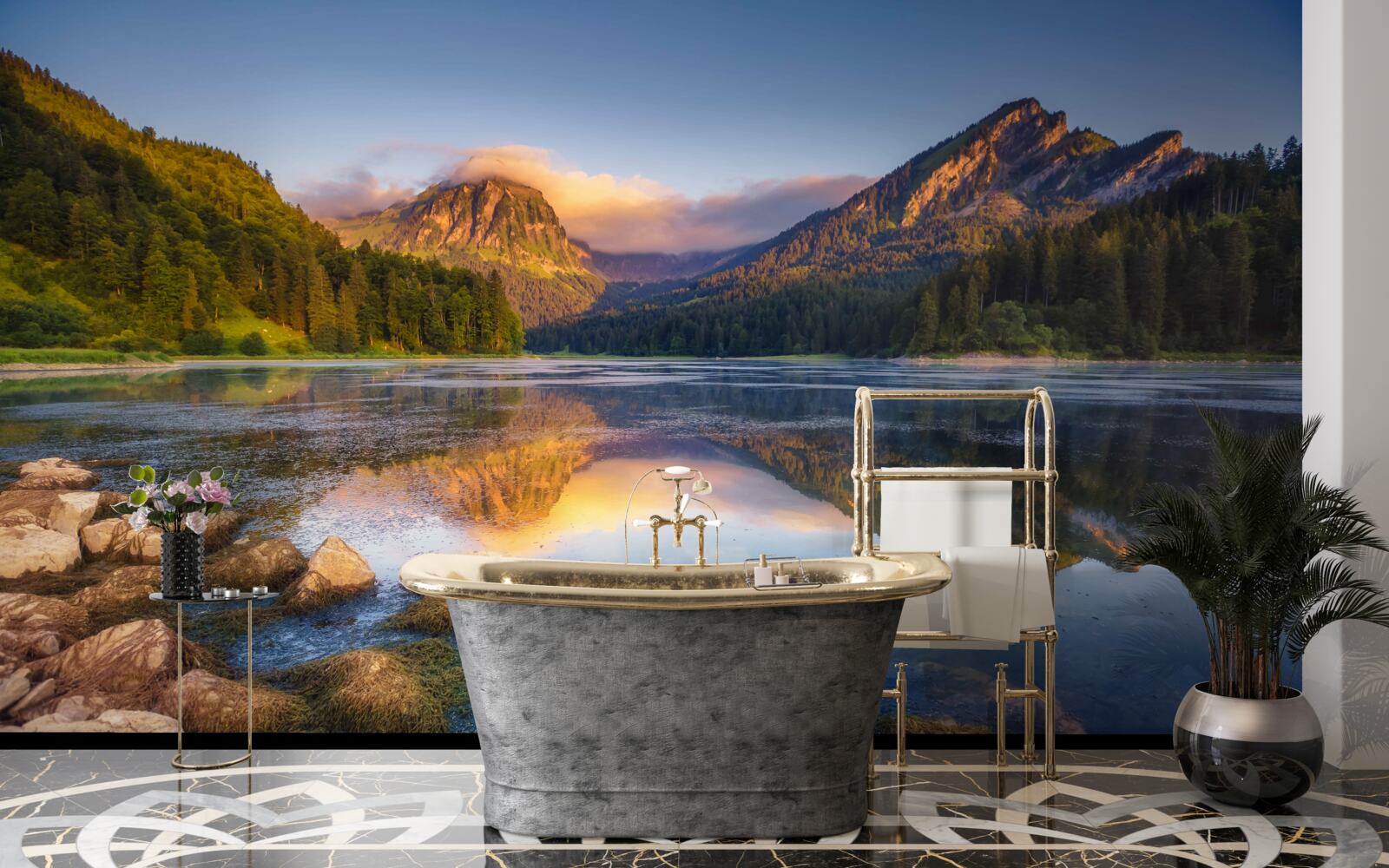 Fototapet apus de soare pe un lac calm de munte