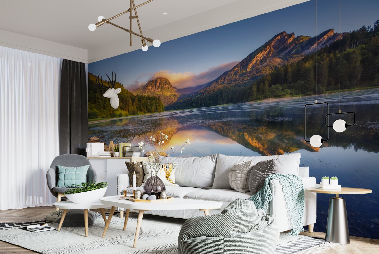 Fototapet apus de soare pe un lac calm de munte