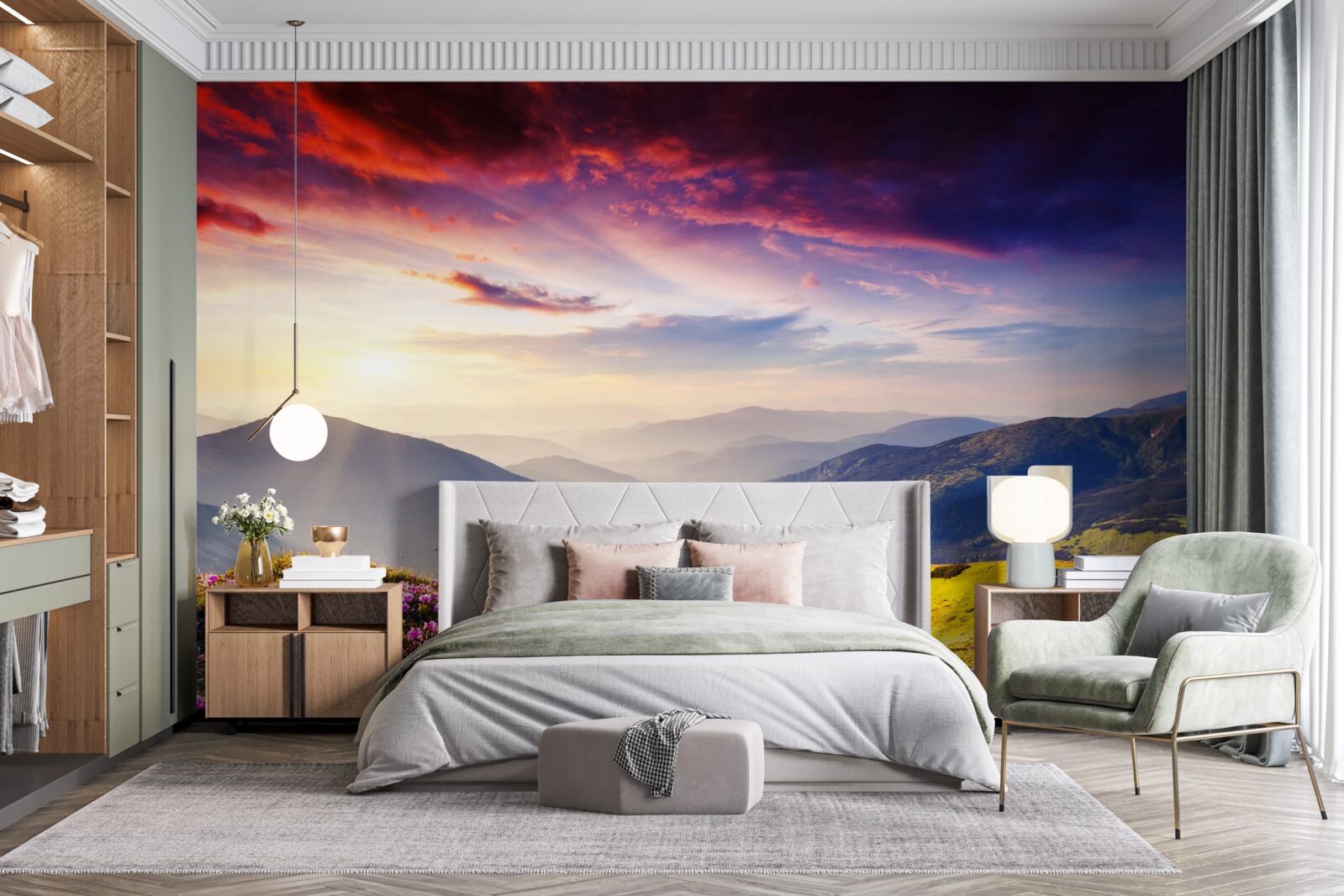 Fototapet în zori, dealurile de munte prind viață cu culori vii