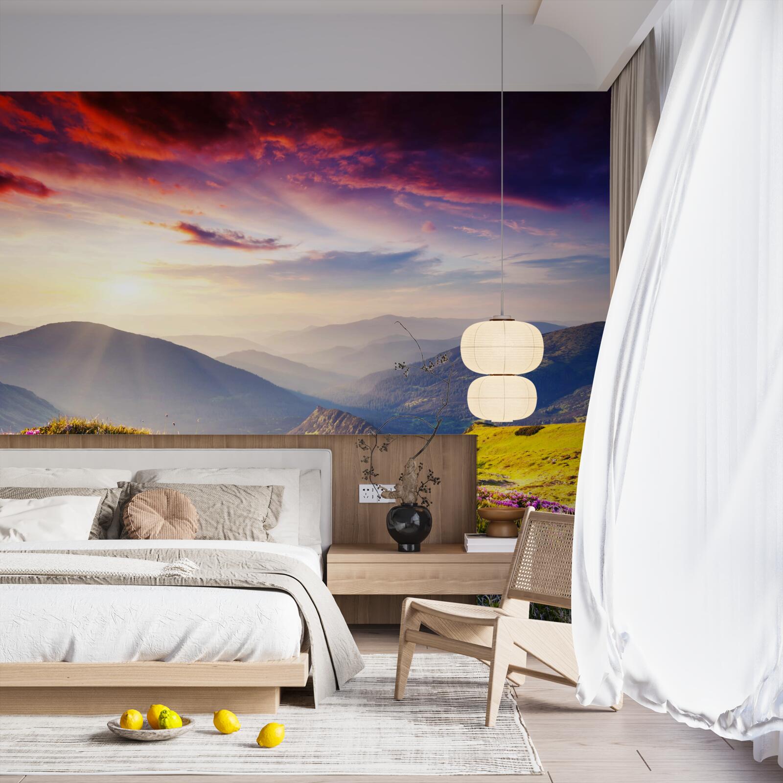 Fototapet în zori, dealurile de munte prind viață cu culori vii