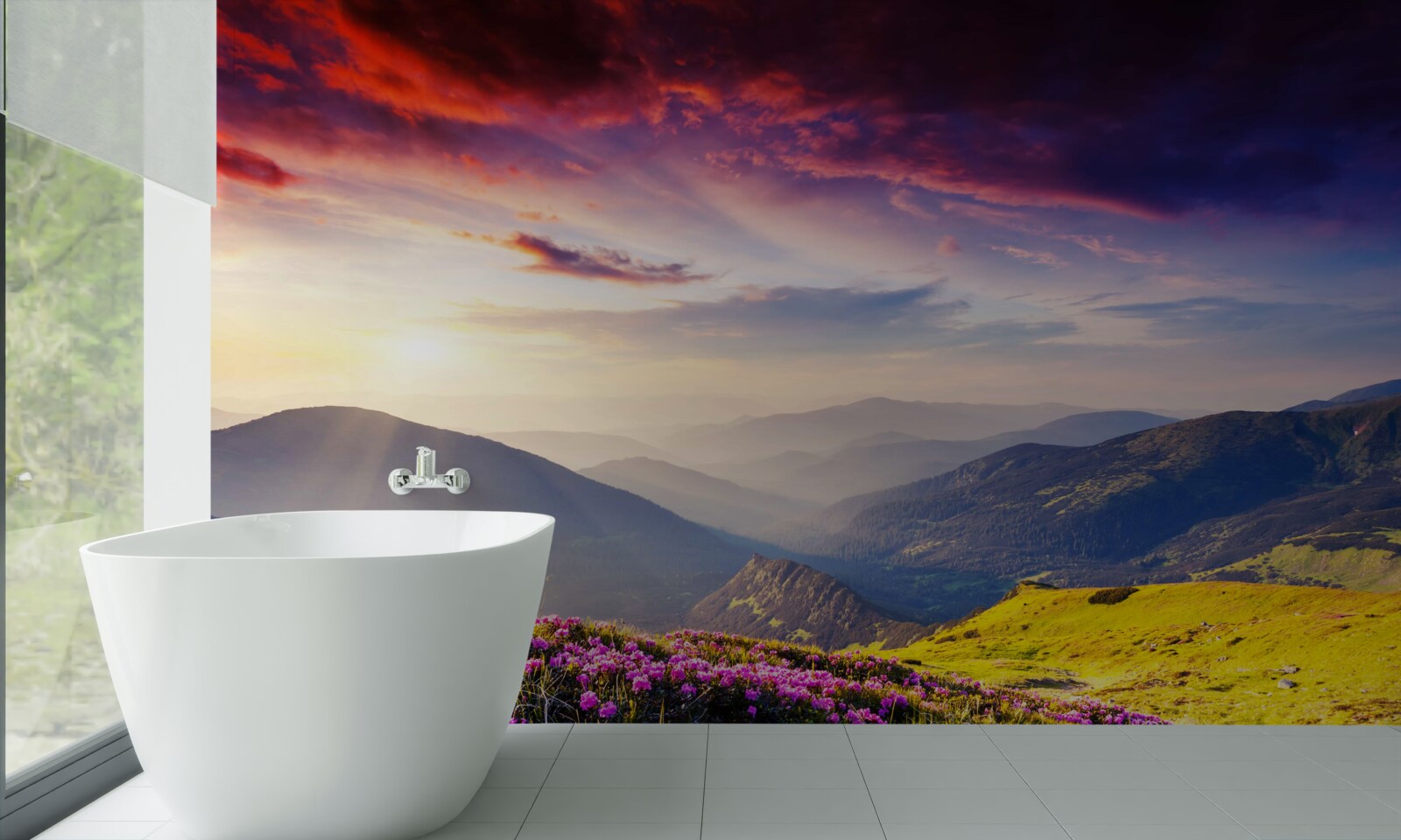 Fototapet în zori, dealurile de munte prind viață cu culori vii