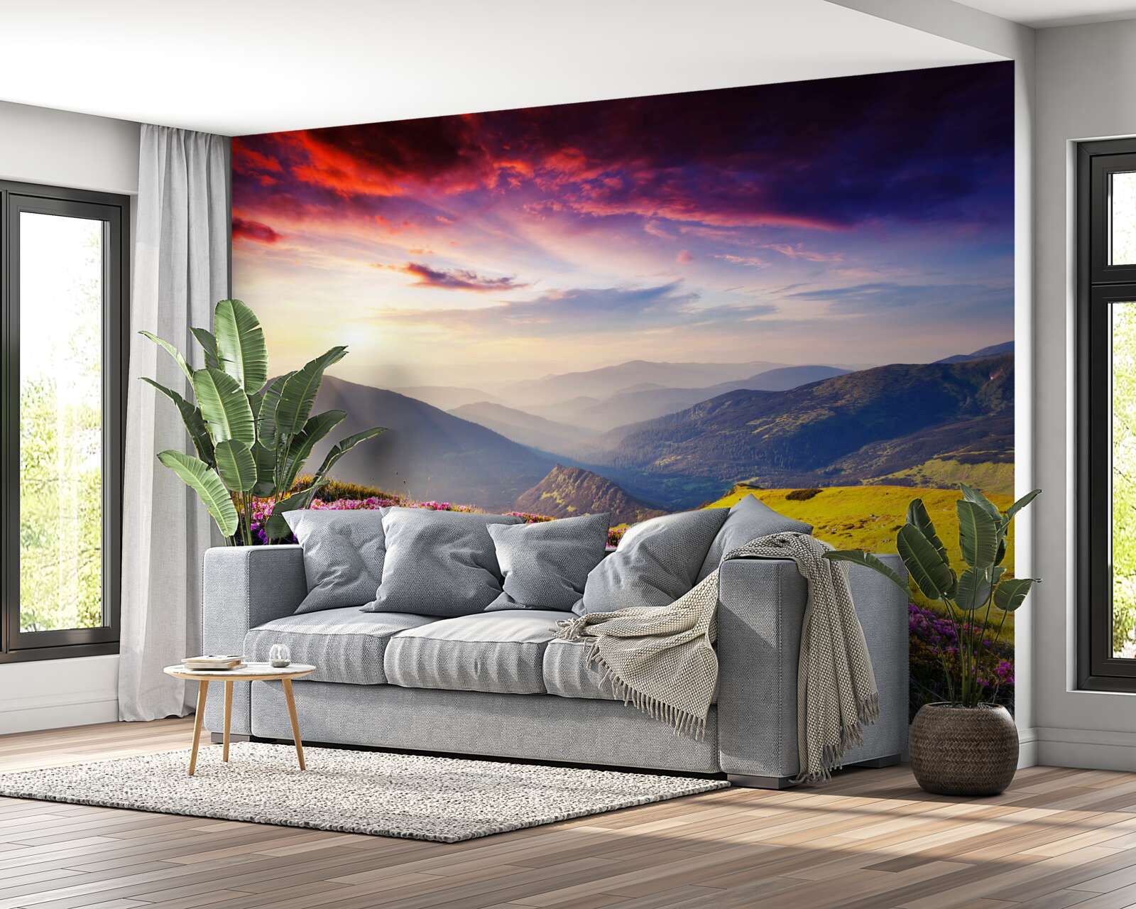 Fototapet în zori, dealurile de munte prind viață cu culori vii