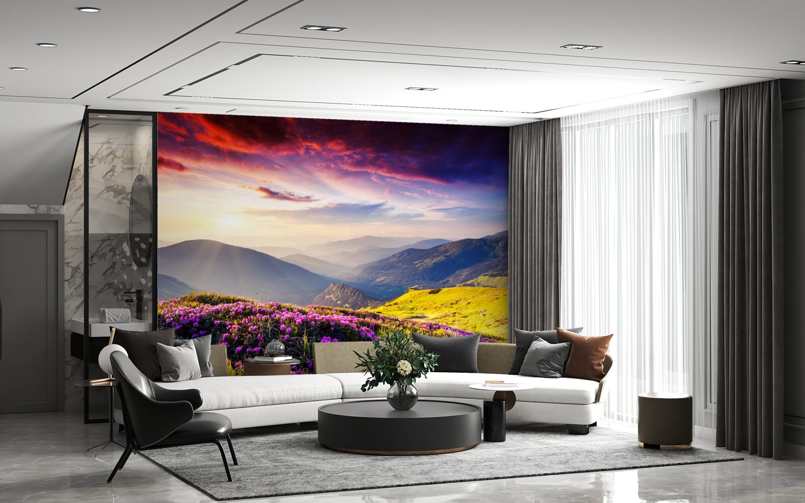 Fototapet în zori, dealurile de munte prind viață cu culori vii