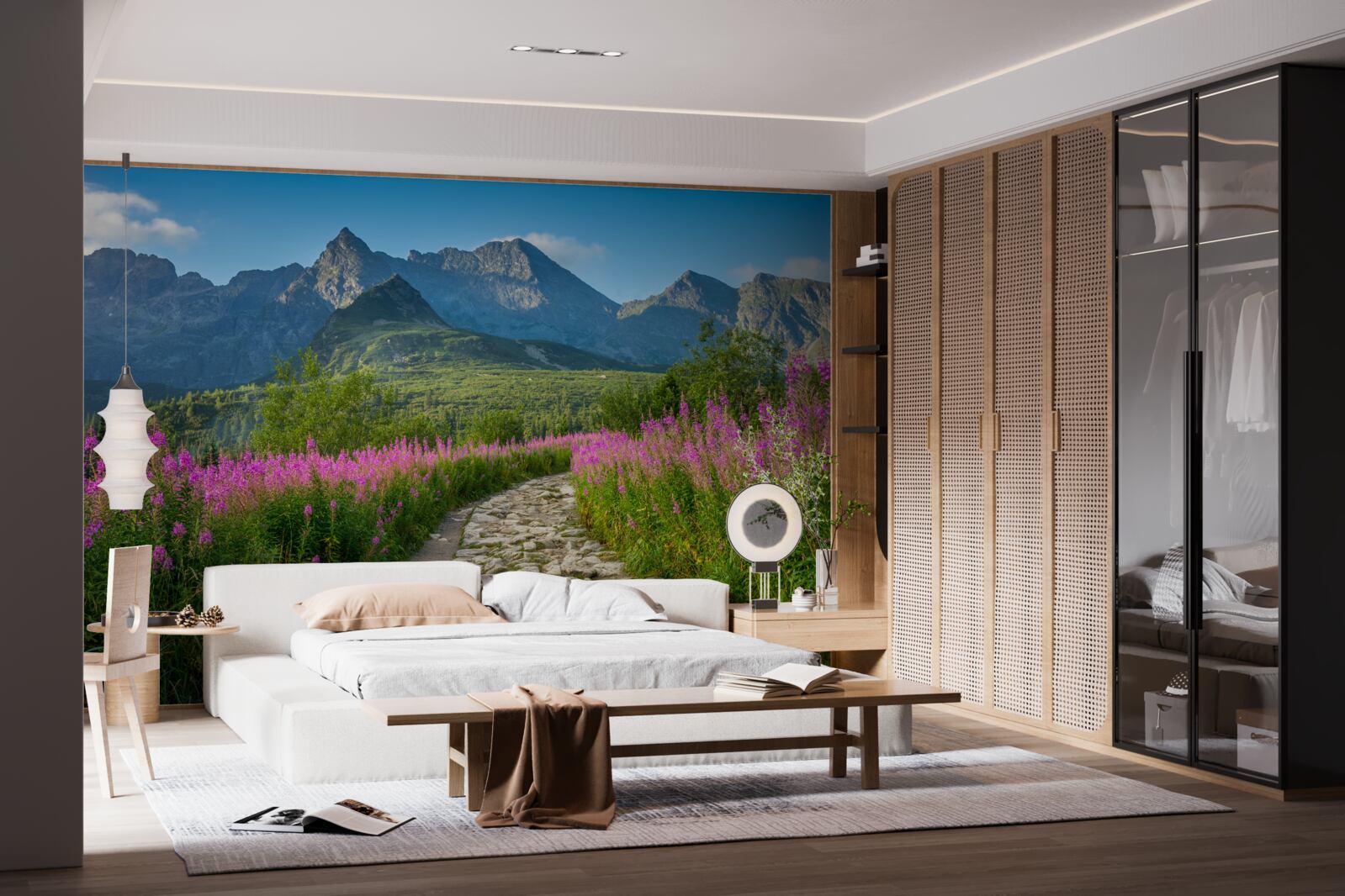 Fototapet Cărare în mijlocul unui câmp înflorit într-o zonă muntoasă