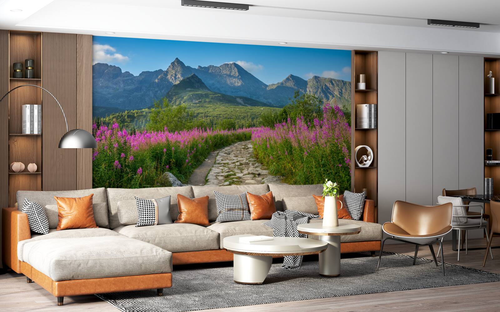 Fototapet Cărare în mijlocul unui câmp înflorit într-o zonă muntoasă