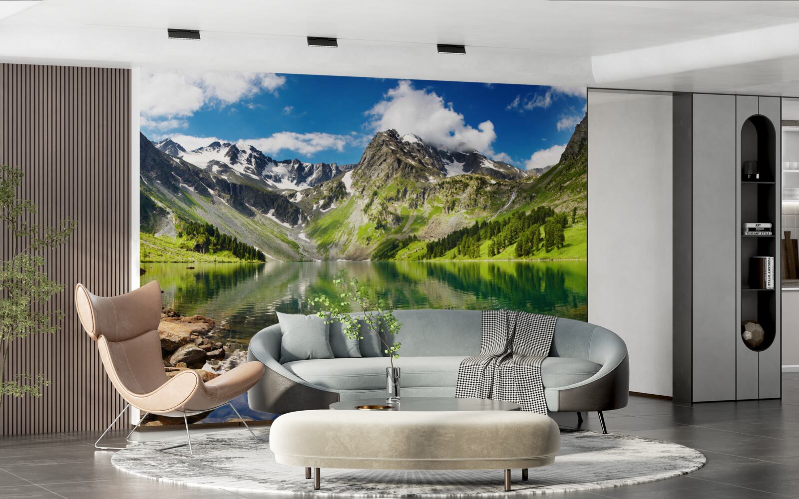 Fototapet apele calme ale unui lac din munți într-o zi de vară