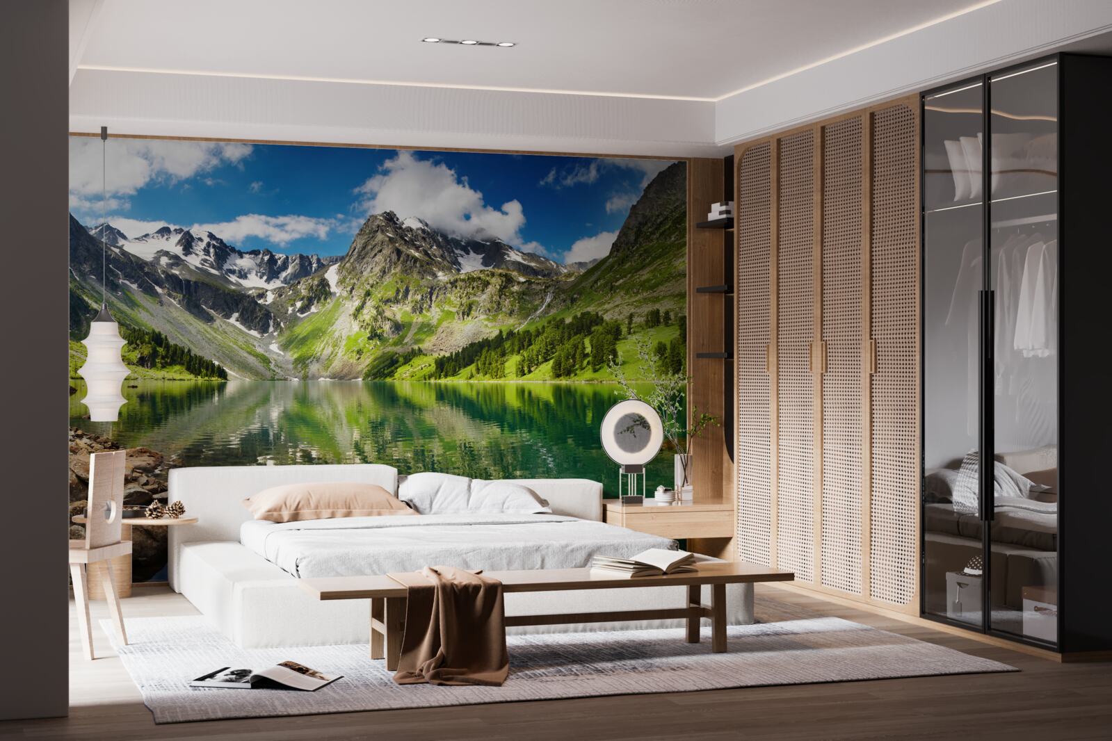 Fototapet apele calme ale unui lac din munți într-o zi de vară