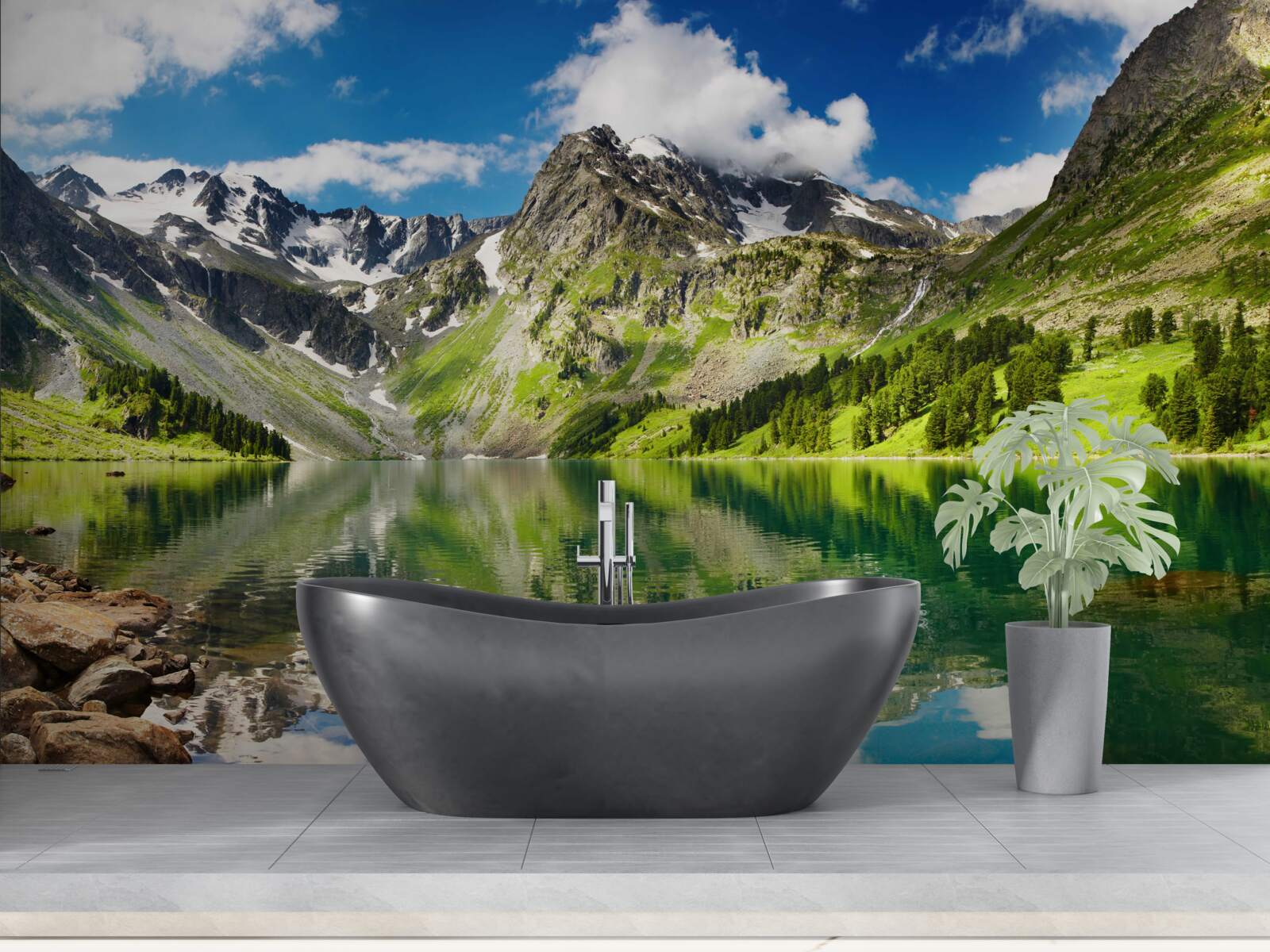 Fototapet apele calme ale unui lac din munți într-o zi de vară